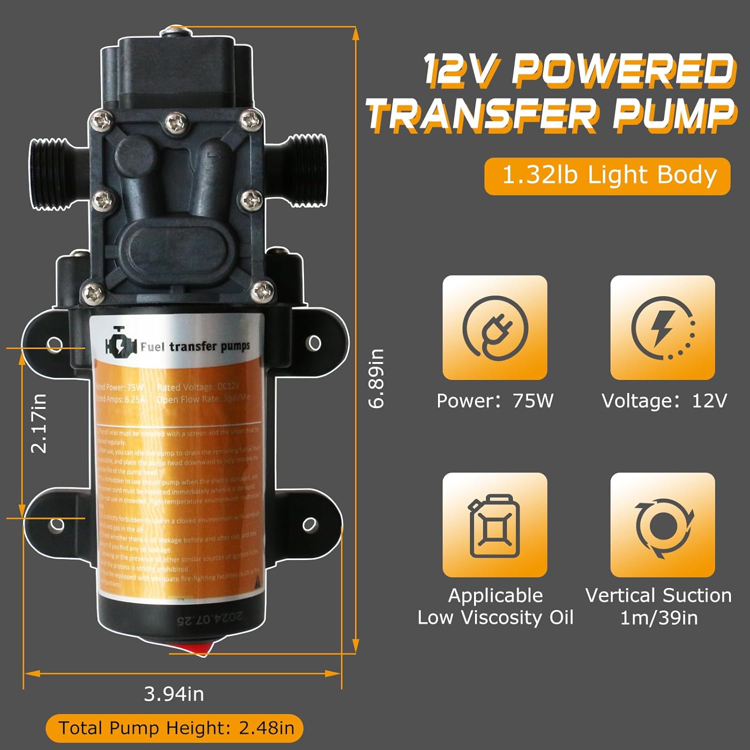 Portable DC 12V Electric Gasoline Transfer Pump, with 75W DC Motor, Moves Up to 110 Gallons of Gas or Diesel Per Hour, Suitable for Vehicles, Boats, Motorbike, Equipment, Gasoline, Diesel - Image 2