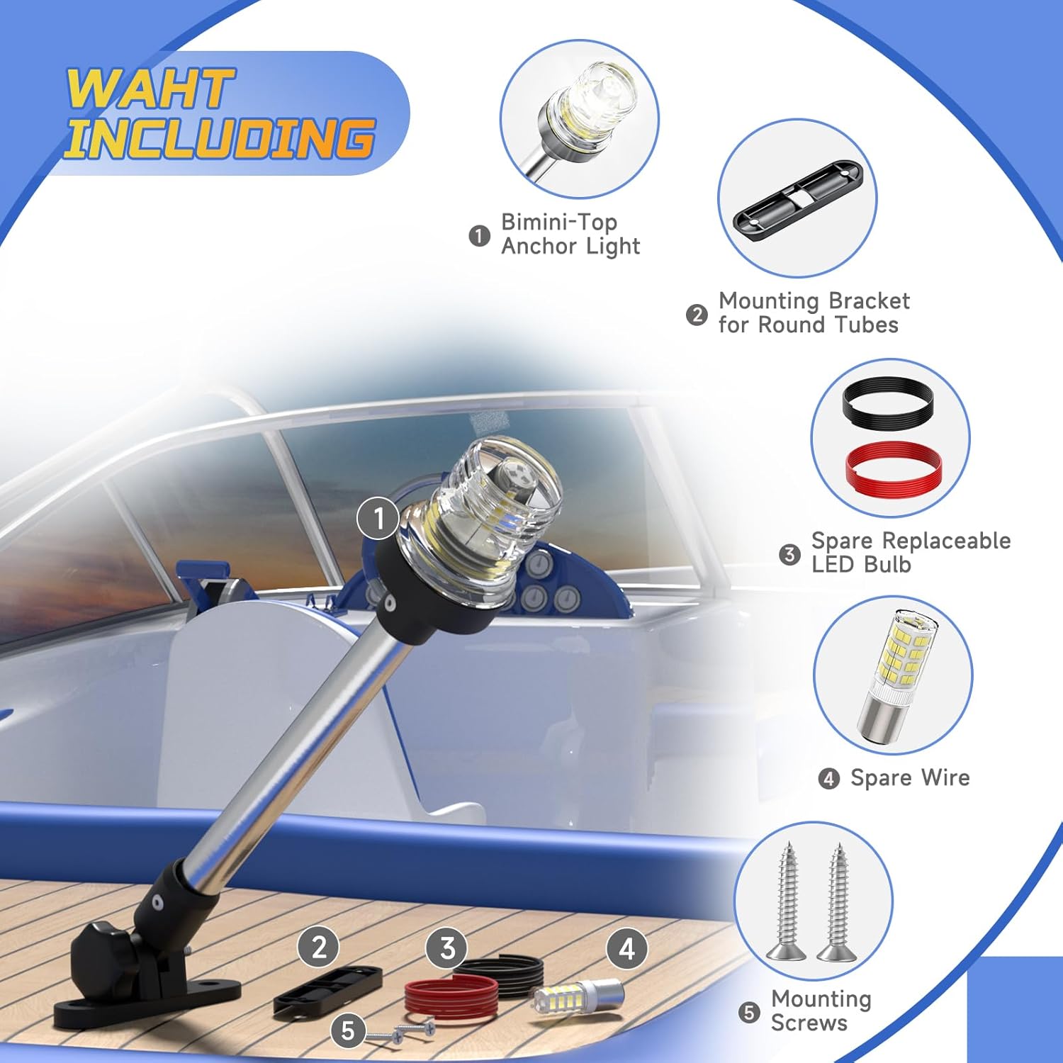 9 Inches Bimini Light for Pontoon Boat, Pontoon Navigation Lights Anchor Light Stern Lights for Bimini Top Mount Waterproof IP67, White Fold Down LED Marine Boat Rear Running Lighting - Image 3