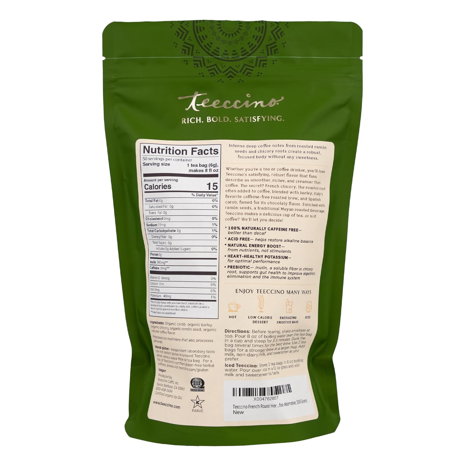 Teeccino French Roast Herbal Tea - Rich & Roasted Herbal Tea That’s Caffeine Free & Prebiotic for Natural Energy, Coffee Alternative, 50 Tagless Eco-Friendly Tea Bags - Image 4