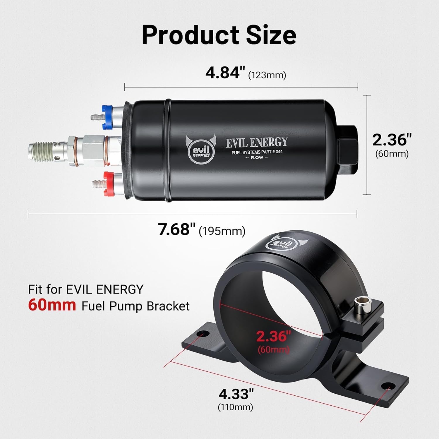 EVIL ENERGY External Inline Fuel Pump Electric 300LPH High Flow 12V with 60MM Bracket Clamp Black - Image 4