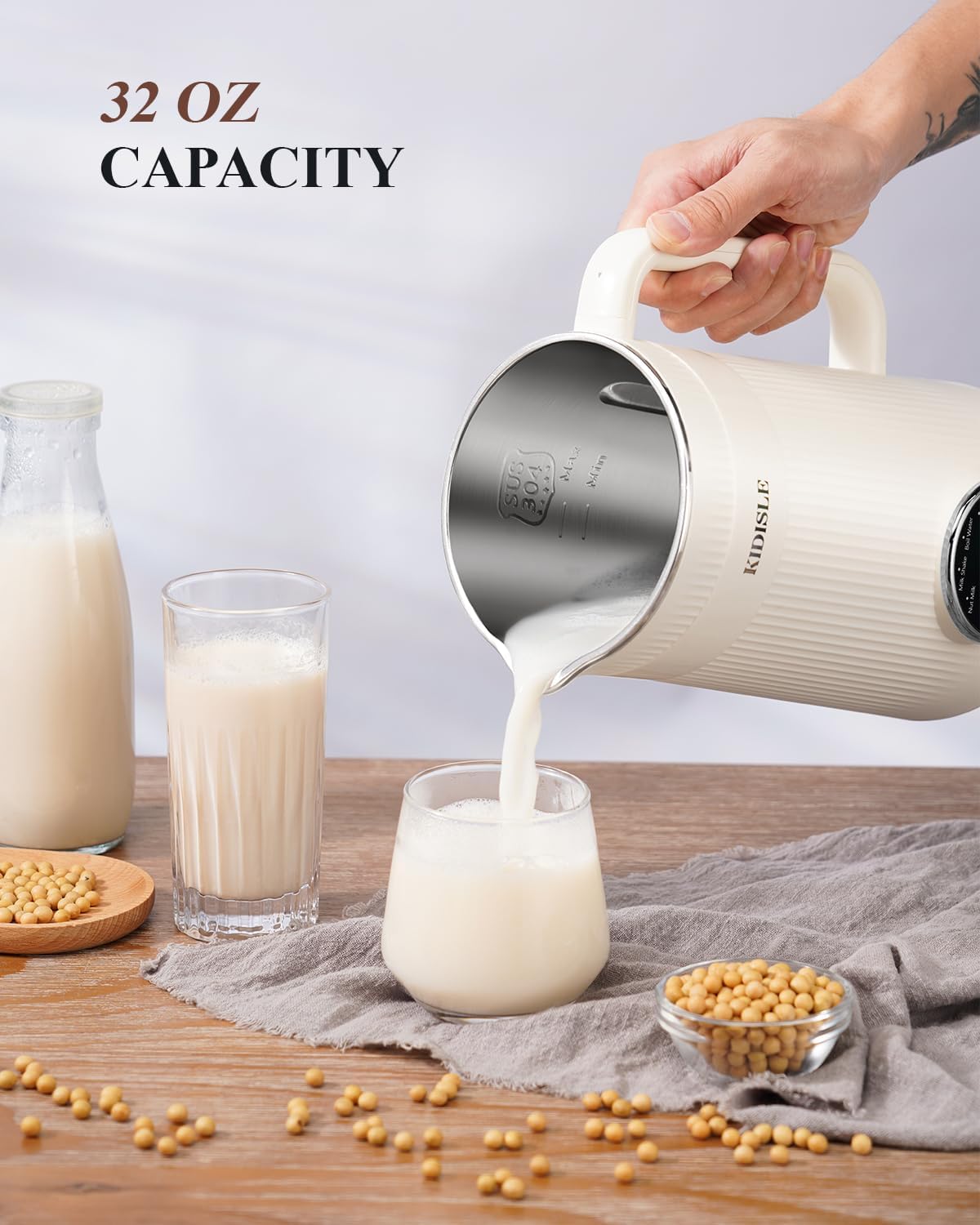 KIDISLE 8 in 1 Nut Milk Maker Blender, 32oz Homemade Soy, Almond, Oat, Coconut, Plant Based and Non Dairy Beverages, Automatic Soybean Machine With Delay Start/Keep Warm/Boil Water, Cream - Image 6