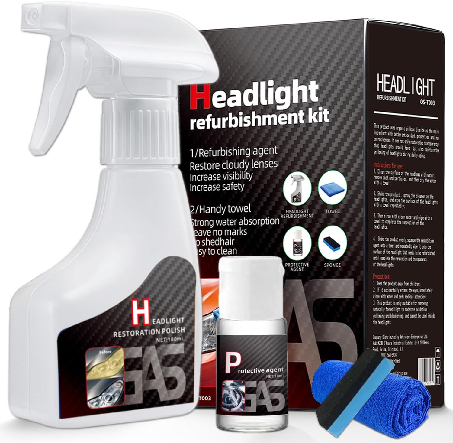 Headlight Restoration Kit – Headlight Lens Cleaner to Remove Yellowing, Haze & Oxidation, Restore Headlight Clarity, Improve Night Visibility, Long-Lasting Protection-180ml