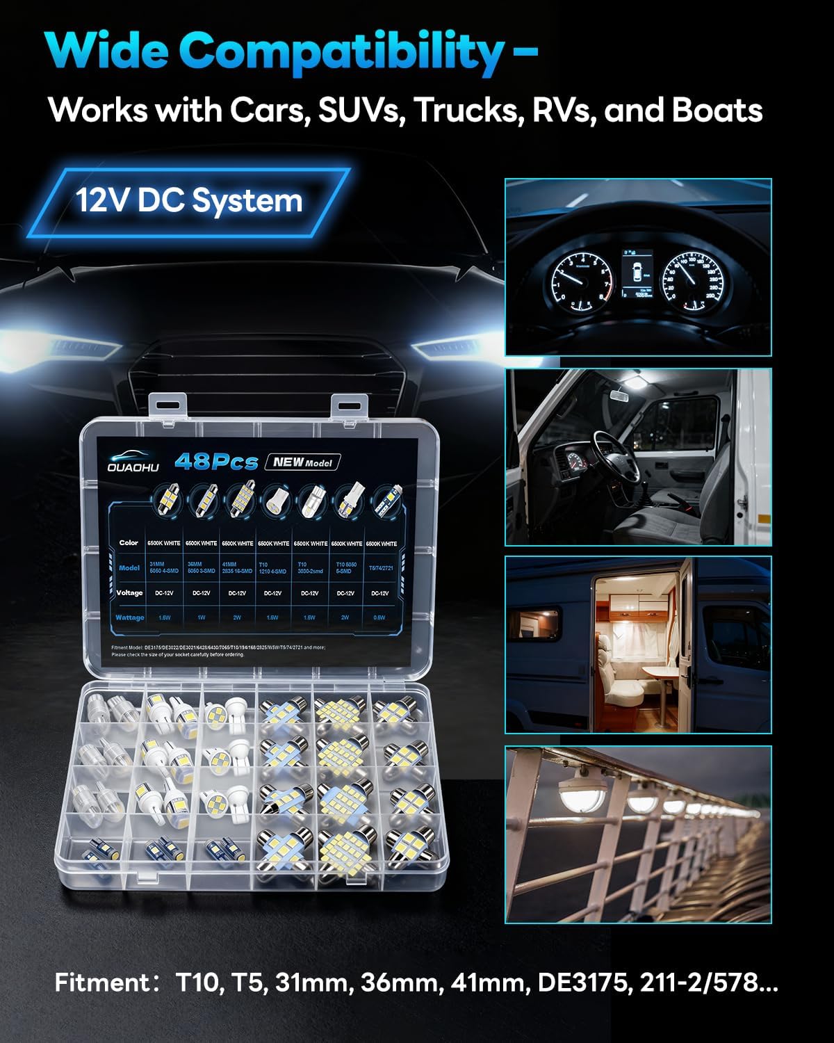 48Pcs Led Interior Car Lights Kit, 6500K White Interior Bulbs Replacement (194 T10 DE3175 W5W 168 578 2825 T5 31mm 36mm 41mm), Dome Map Dash Door Trunk License Plate Lights for Cars Trucks RVs - Image 6