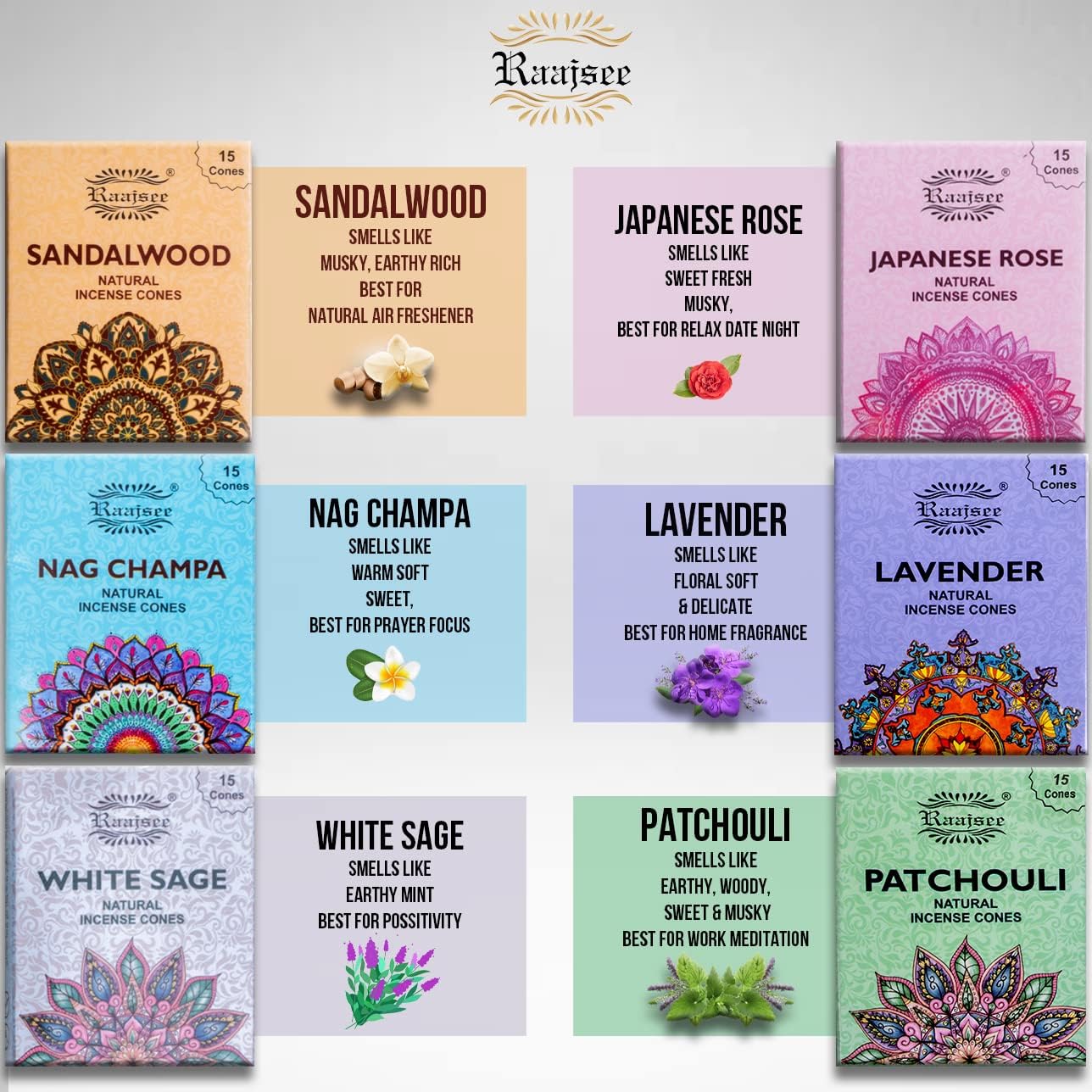 Raajsee Natural Incense Cones,6 Pack Mixed Scents Gift Pack 15 pc Each (90 Total), Insense Cones Variety Pack, 100% Organic Non Toxic Natural - Hand Rolled Free from Chemicals (Pack 1) - Image 3
