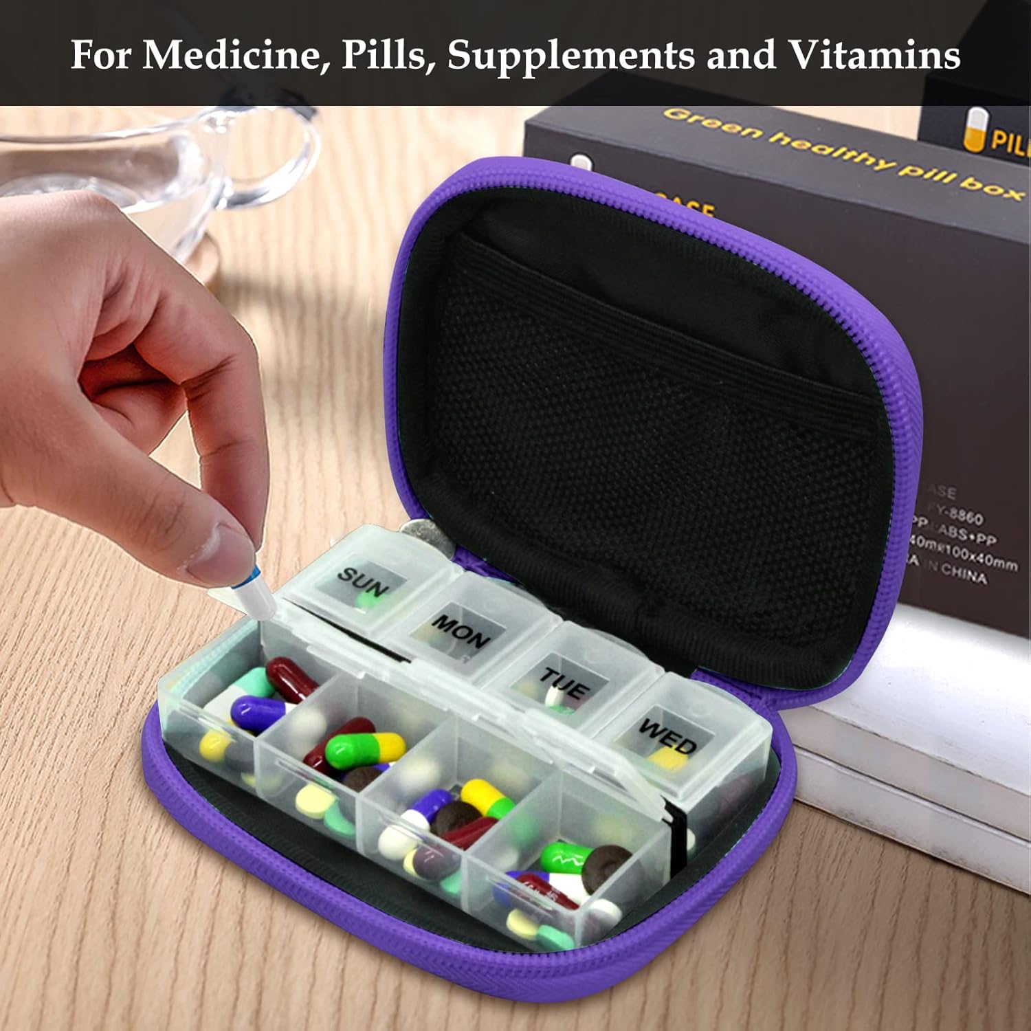 Serfeymi Weekly Travel Pill Organizer Pill Case for Purse with Removable 7 Day Pill Box, Fashionable Travel Medicine Organizer Pill Container for Medicine, Vitamin - Purple 02 - Image 5