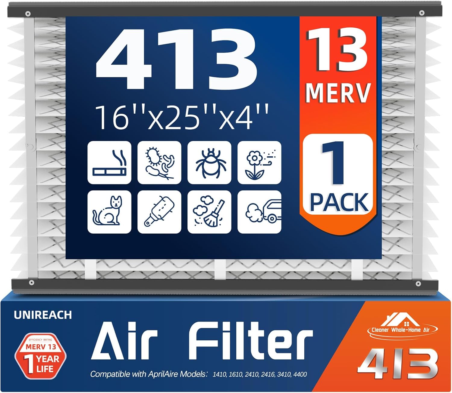 413 Replacement Air Filter, MERV 13,Actual Size: 16"x28"x4", Nominal Size: 16x25x4, HVAC Furnace Filter, Compatible with AprilAire Models 4400, 3413, 2416, 2413, 1610, 1413, 1 Pack