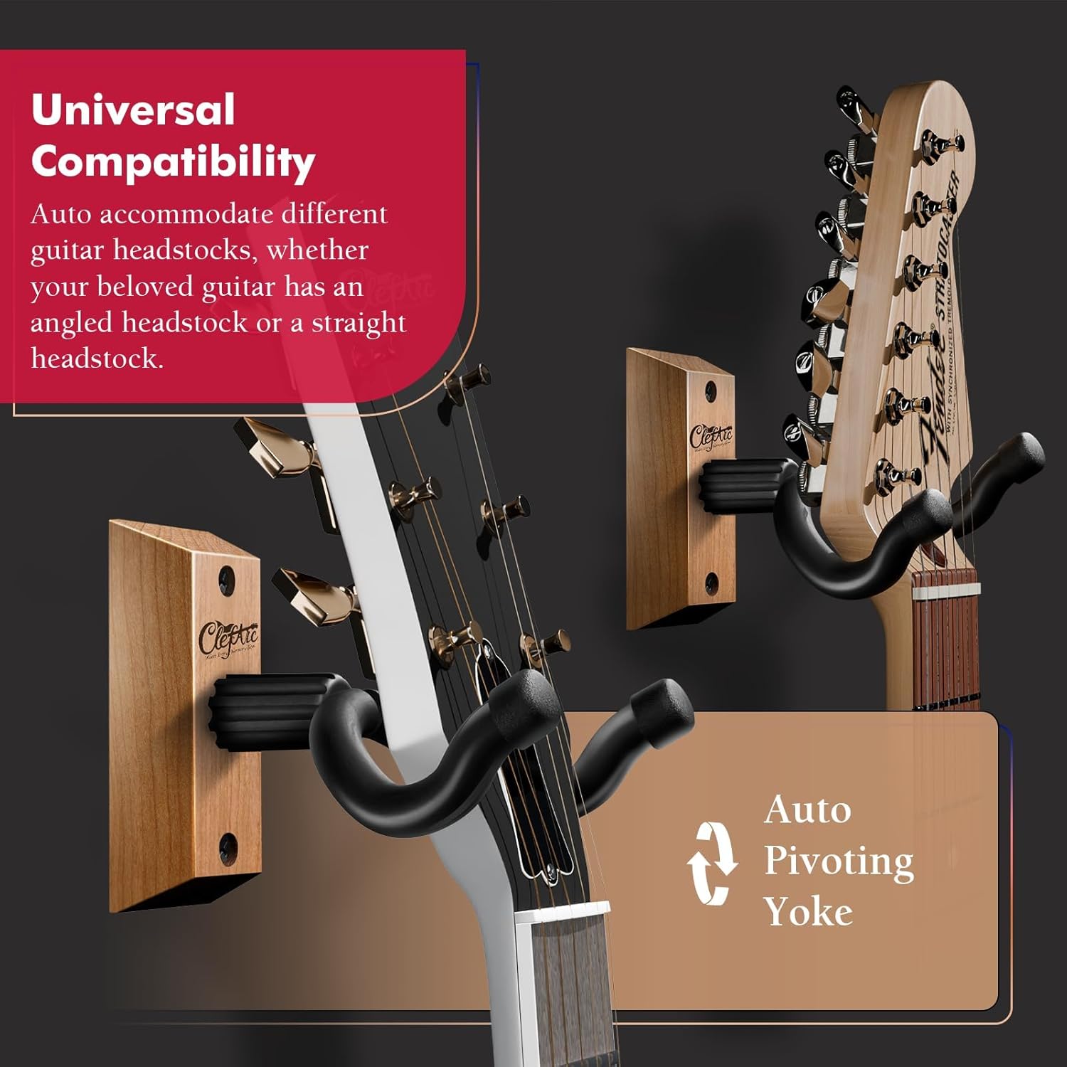 Guitar Wall Mount Cherry - 2 Pack U-Shape Guitar Wall Hangers, Guitar Picks, Pick Holder, Guitar Stand Wall, Wood Guitar Hanger, Gifts for Guitarists, with 6 Assorted Guitar Picks - Image 4
