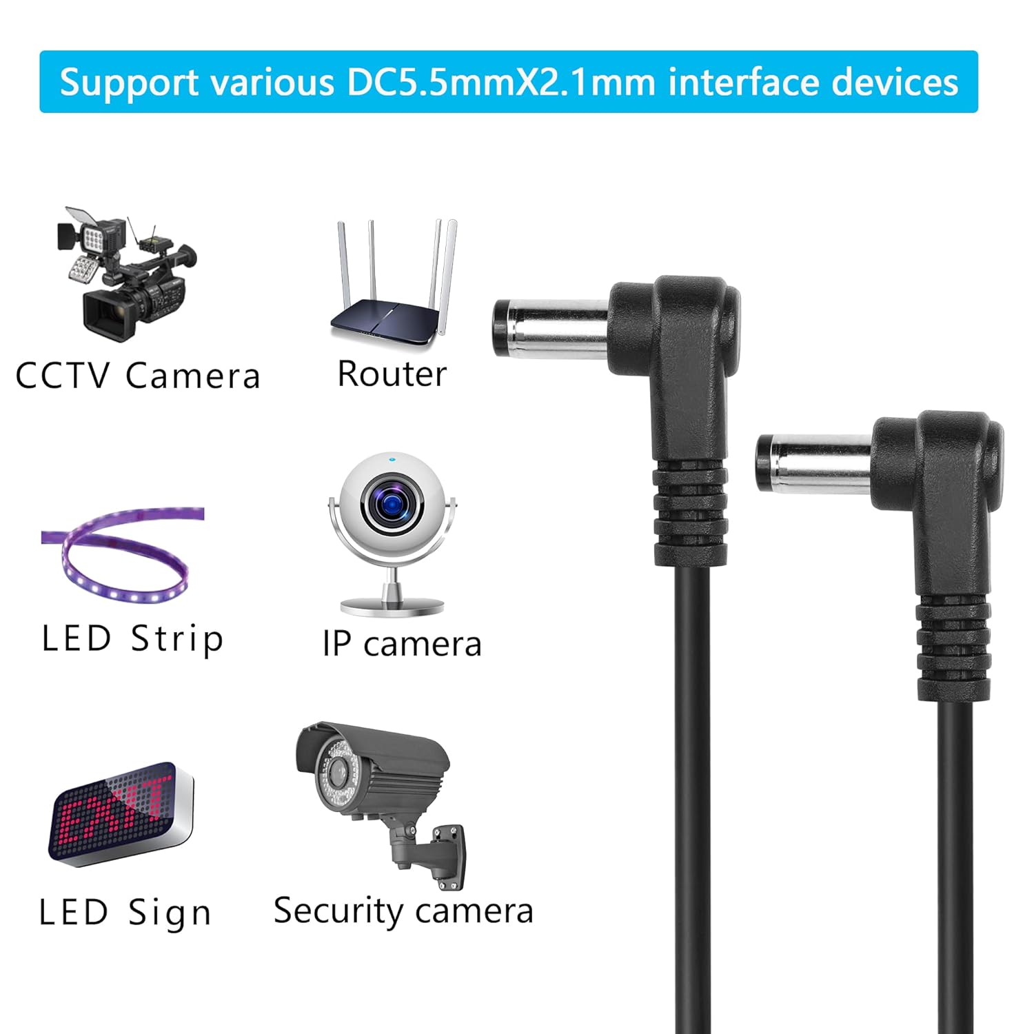 GINTOOYUN DC 5.5MM x 2.1MM 90 Degree Male to Male Plug Cable DC5521 Right Angle Coiled Power Adapter Extension Cord for CCTV Surveillance Security Camera LED Strip etc(2 Pack) - Image 3