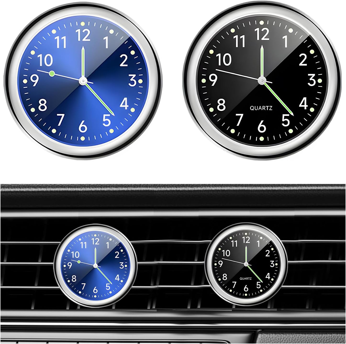 Dickno 2 PCS Stick on Dashboard Car Clock, Mini Tiny Analog Quartz Luminous Air Vent Clocks, Self Adhesive Automotive Vent Clocks Watch, Vehicle Clock for Dashboard Decoration (Blue+Black)