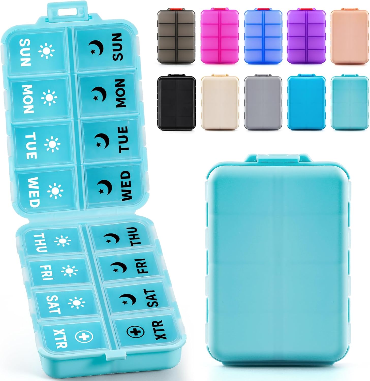 Foldable Weekly Pill Organizer 2 Times a Day with 2 Extra Compartments (Clear Printed Labels) - Portable 7 Day AM PM Medicine Box, Week Daily Travel Pill Case Holder for Vitamin, Supplement - Sky Blue - Image 8