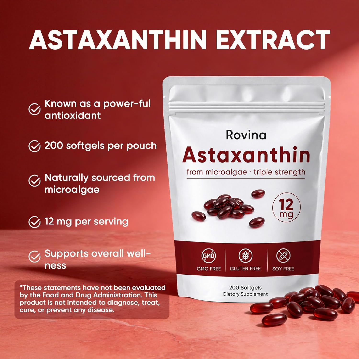 Rovina Astaxanthin 12mg Softgels, Zions Organic astaxanthin Antioxidant Supplement for Daily Wellness, Immune, Eye & Skin Support, Internal Circulation, Non-GMO, Gluten Free - 200 Softgels (1) - Image 4