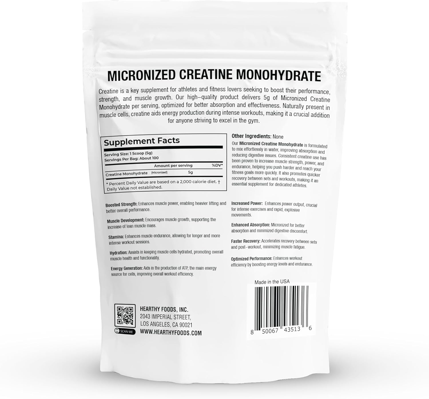 HEARTHY FOODS Creatine Monohydrate Micronized Powder 500G - 100 Servings, 5000mg Per Serving (5g) - for Men & Women Muscle Growth & Recovery - UNFLAVORED - Image 2