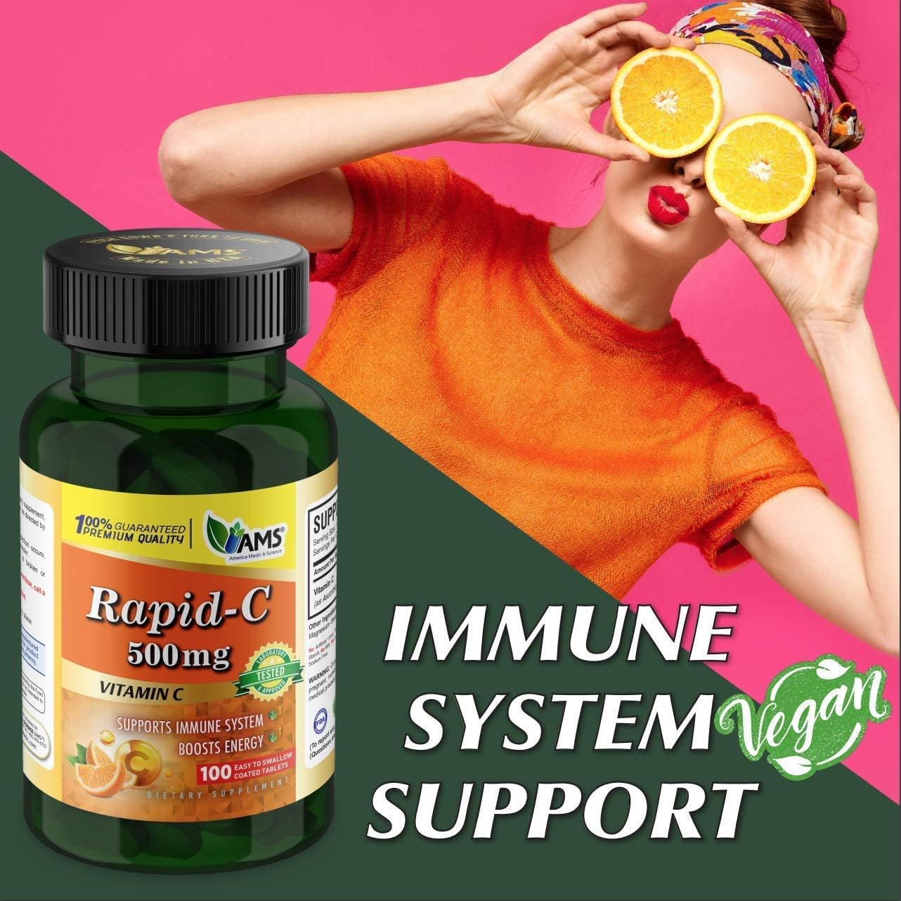 America Medic & Science Rapid-C 500mg Vitamin C Supplement 500 Tablets (5 Pack of 100 Tablets) Daily Immune System Support, Antioxidant | Vegan, Non-GMO Coated Ascorbic Acid for Adult Men & Women - Image 7