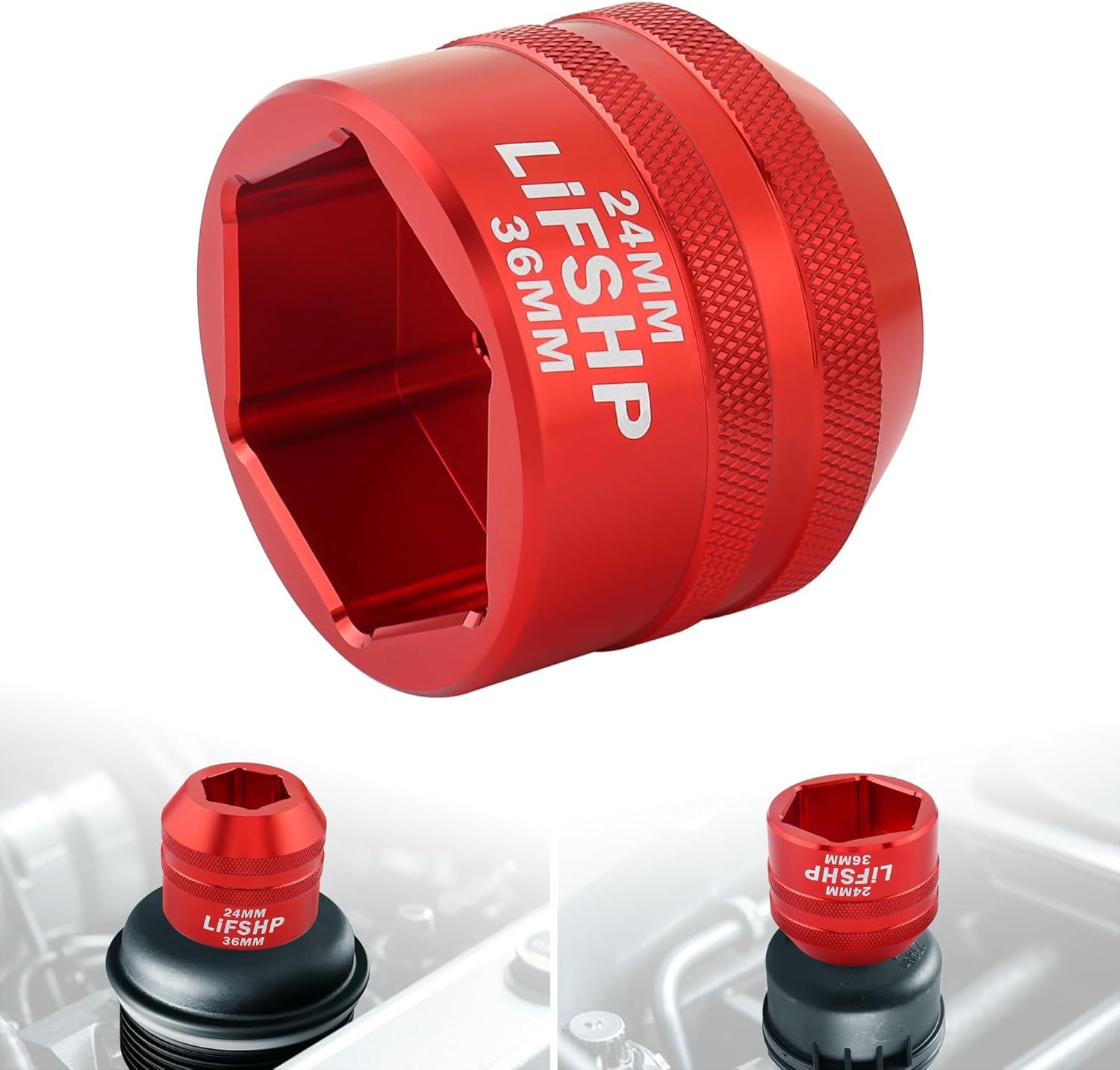 24mm / 36mm Oil Filter Socket, Fuel Filter Cap Remover for 2003-2010 6.0L / 6.4L Ford Powerstroke Diesel-Red