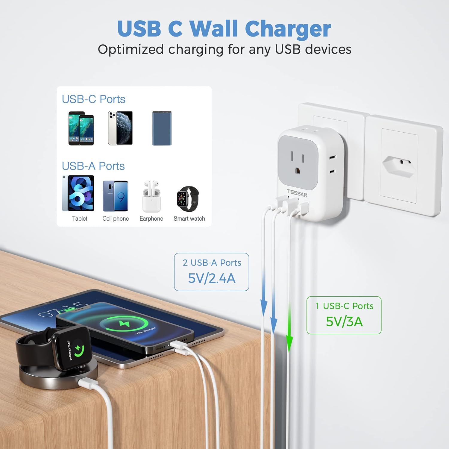 TESSAN Brazil Power Adapter, US to Brazil Travel Plug with 4 American Outlets 3 USB Charger (1 USB C Port), Type N Adaptor for USA to Brazilian Brasil - Image 4