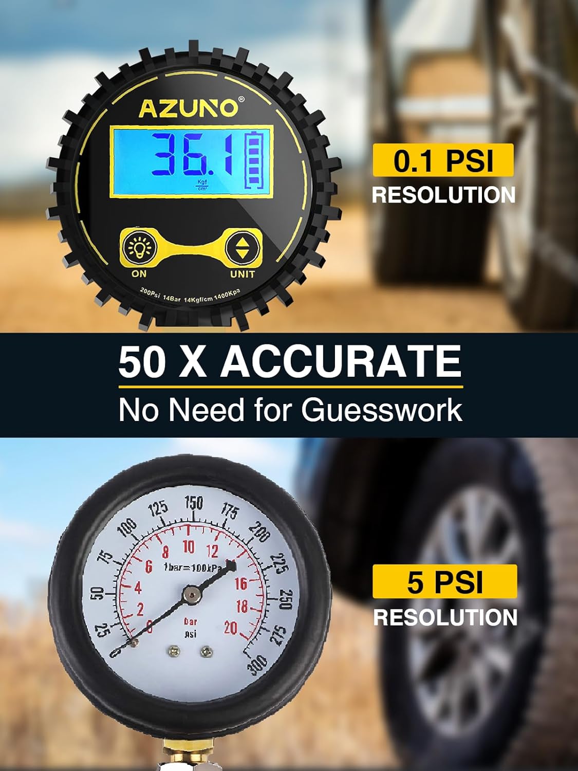 AZUNO Digital Tire Inflator with Pressure Gauge, 200 PSI, Heavy Duty Air Compressor Accessories, w/Rubber Hose Lock on Air Chuck and Quick Connect Coupler - Image 3