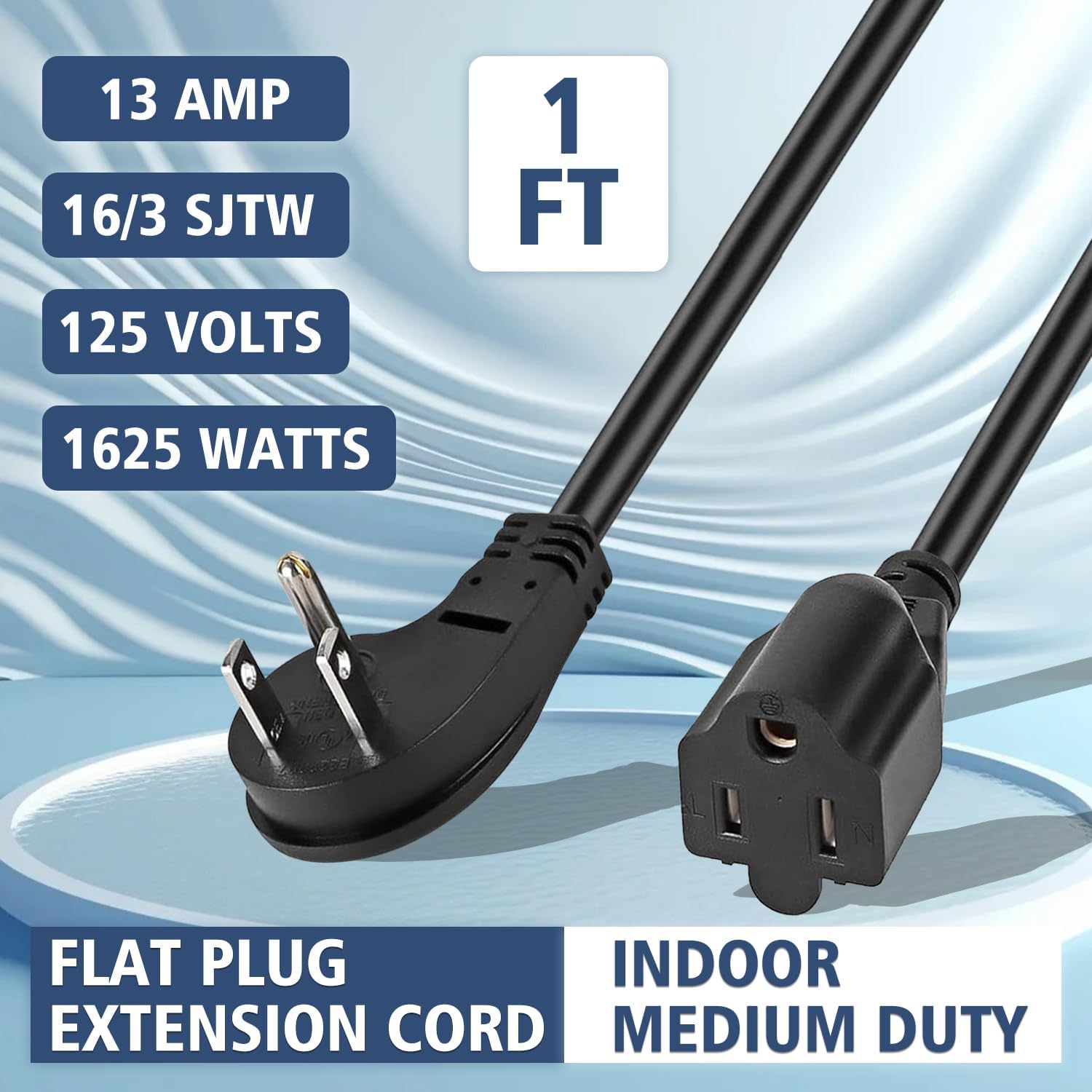 1875W Short Extension Cord,15A 16AWG Low Profile Flat Plug Heavy Duty Extension Cord Outlet Saver 3-Prong Grounded Power Cable (Black1 Feet) - Image 7