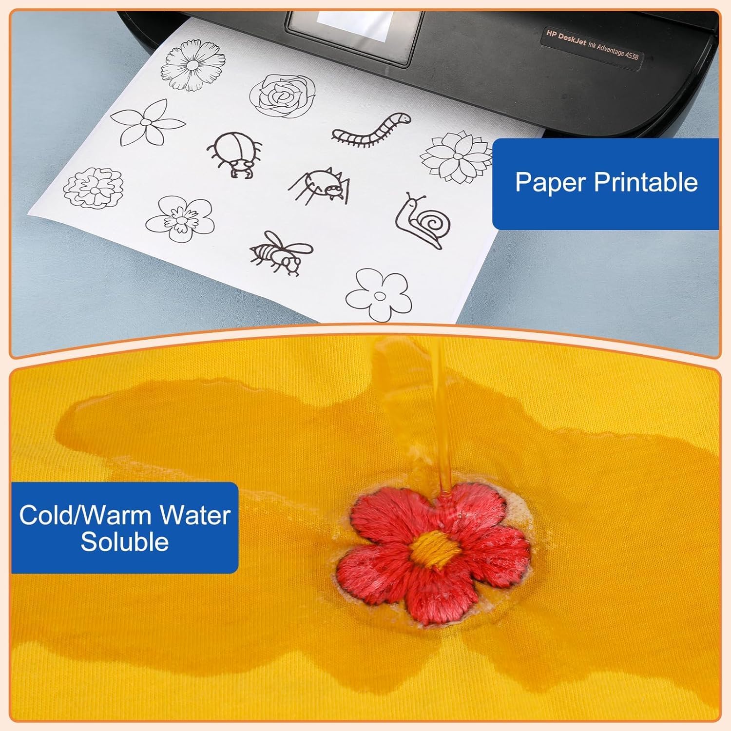 FURWEY 20PCS 8.5"x11" Wash Away Embroidery Stabilizer – Self Adhesive & Printable, Water Soluble Paper for Hand and Machine Use - Image 4
