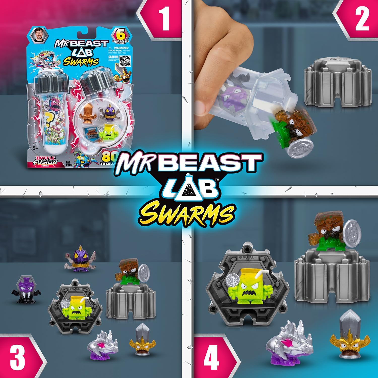 MrBeast Lab Swarms Battle Fusion Series, Collect 80+ Unique 1" (2.5 cm) Swarms, Lab Pack Includes 6 Micro Beasts, 6 Collectible Stickers & 1 Stackable Fusion Caps to Build Out Your Own MrBeast Lab - Image 2