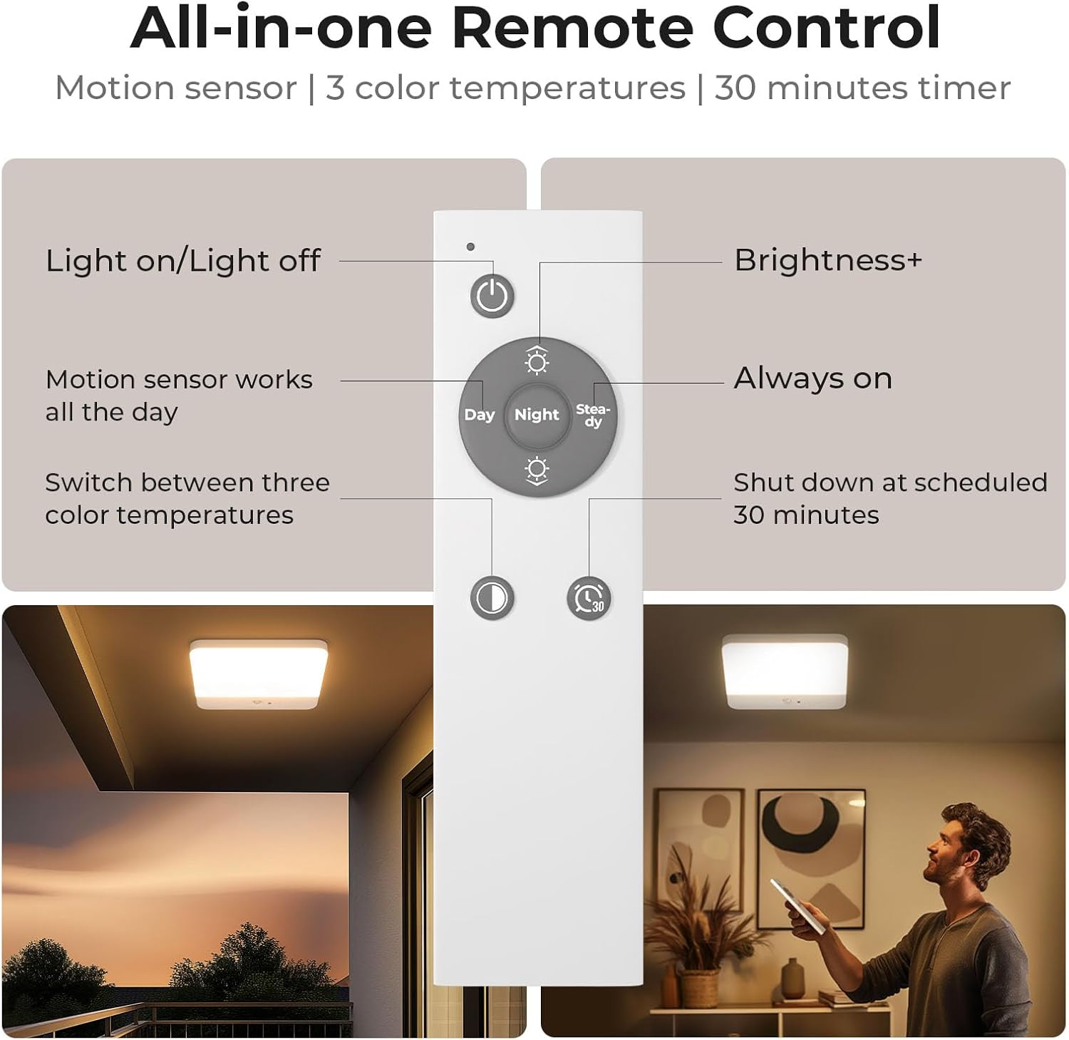FULEN Motion Sensor Ceiling Light Fixture, Cordless Closet Light Battery Operated, Rechargeable Magnetic Mount LED Shower Light for Bathroom,Stairs,Garage,Hallway,3 Color Temperatures,Remote Control - Image 5