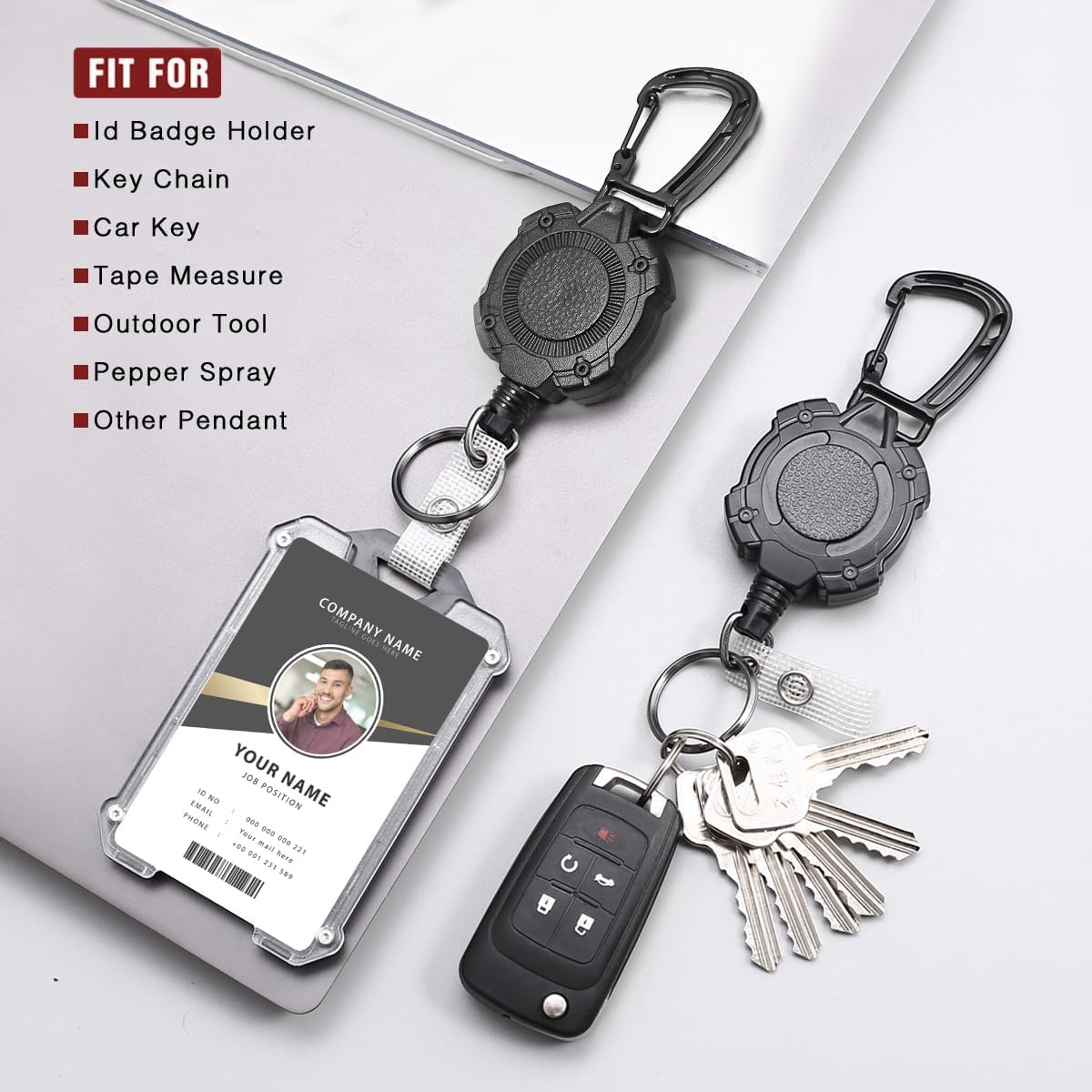 Badge Holder Retractable Clip Heavy Duty Carabiner Badge Reel Keychain with Id Cards Holder Cool Tactical ID Holder (2 Holders and 2 Badge Reels Black # 04) - Image 2