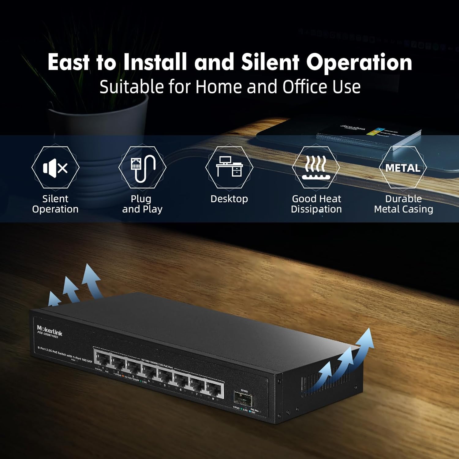 MokerLink 8 Port 2.5 Gigabit PoE Switch with 10G SFP, 8 x 2.5G Ethernet Ports, 8 Port PoE IEEE802.3af/at, 120W, Compatible with 10/100/1000Mbps, Unmanaged Fanless Wall Mountable Network Switch - Image 7