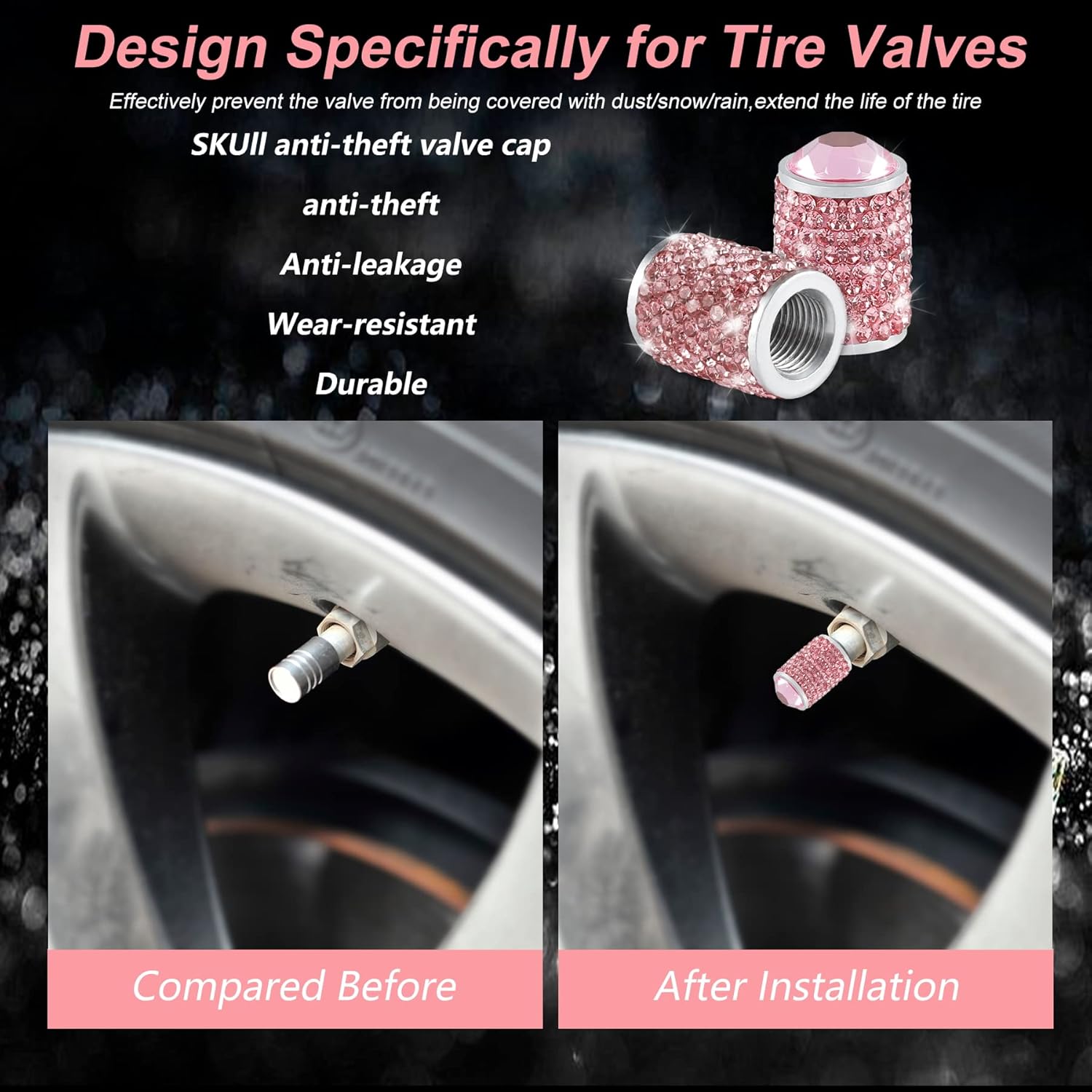 Alpmosn Car Wheel Tire Valve Caps, 4 PCS Bling Tire Valve Caps, Crystal Tire Caps Shinny Rhinestone for Women, Universal Car Dustproof Tire Valve Caps for Cars, Trucks, SUV and Motorcycles (Pink) - Image 4