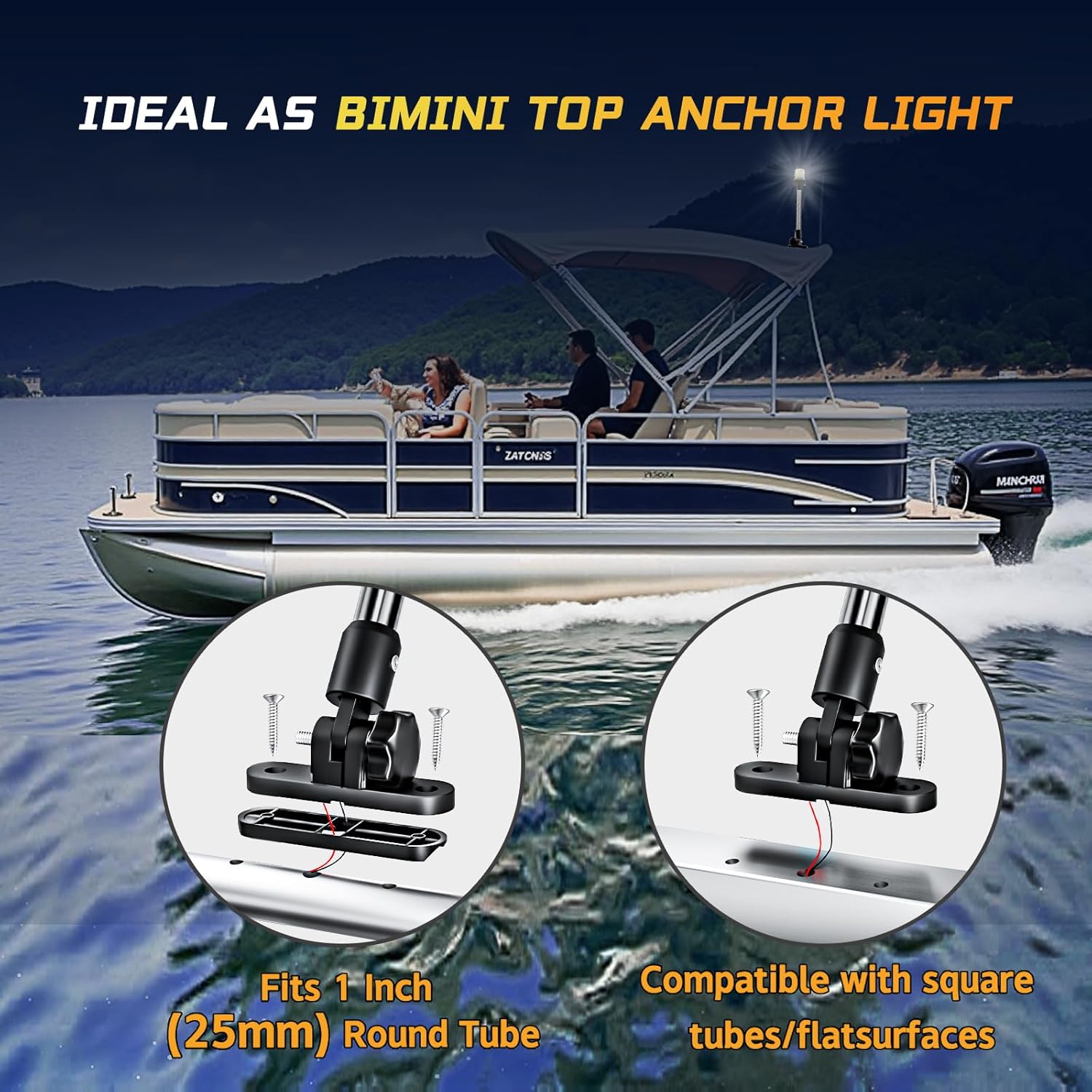 9 Inches Bimini Light for Pontoon Boat, Pontoon Navigation Lights Anchor Light Stern Lights for Bimini Top Mount Waterproof IP67, White Fold Down LED Marine Boat Rear Running Lighting - Image 2