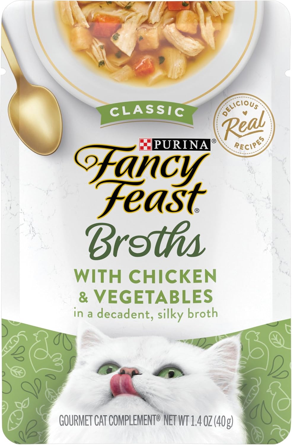 Purina Fancy Feast Broths Classic With Chicken and Vegetables Lickable Wet Cat Food Broth Topper, Pack of 16, 1.4 oz Pouches