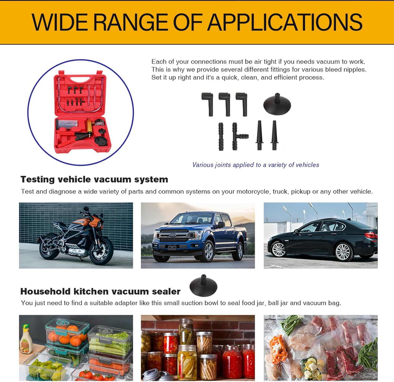 2 in 1 Brake Bleeder Kit with Hand Vacuum Pump and Adapters Brake Bleeder Vacuum Pump Kit for Auto Car Truck Motorcycle Use - Image 5