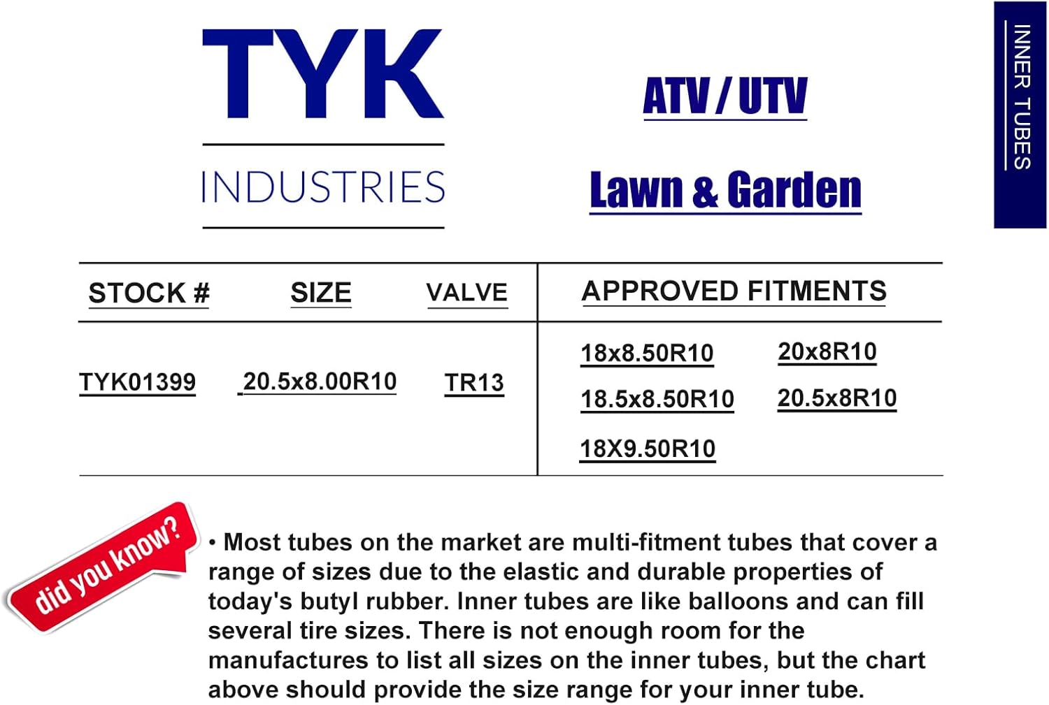 (2-Pack) TYK Industries 18X8.50-10 Lawn Mower Tire Inner Tube, Replacement 18.5X8.50-10 Tire Tube for Yard Tractors, Trailers with TR13 Short Rubber Valve Stems - Image 4