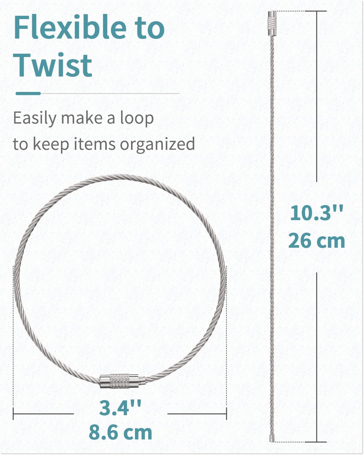 Pawfly 5 Inch/10 Inch Wire Keychain Cable Large Stainless Steel Key Ring Loop Holder, 20/50/100 Pack - Image 2