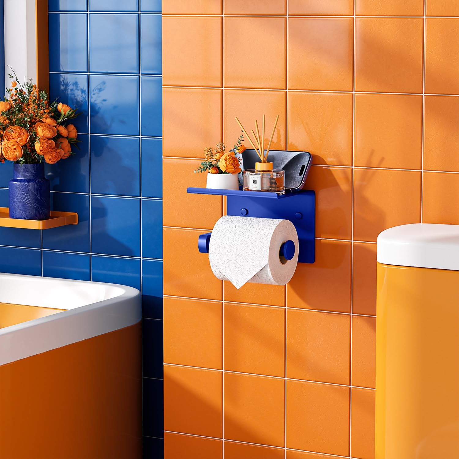Tindbea Toilet Paper Holder with Shelf Adhesive or Screw Wall Mounted Toilet Paper Roll Dispenser Storage, Stainless Steel Bathroom Shelf Holder Accessories (Klein Blue) - Image 2