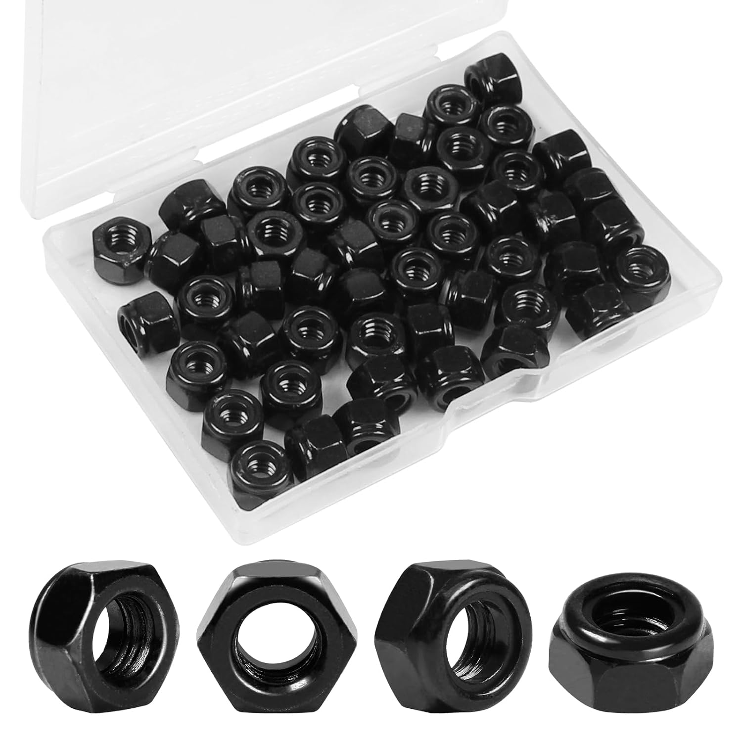 50Pcs 1/4"-20 Nylon Insert Hex Lock Nuts 304 Stainless Steel Locknuts Self-Locking Nut, Standard Inch Threaded Nylock Nuts, Hex Drive, Zinc Plated Black