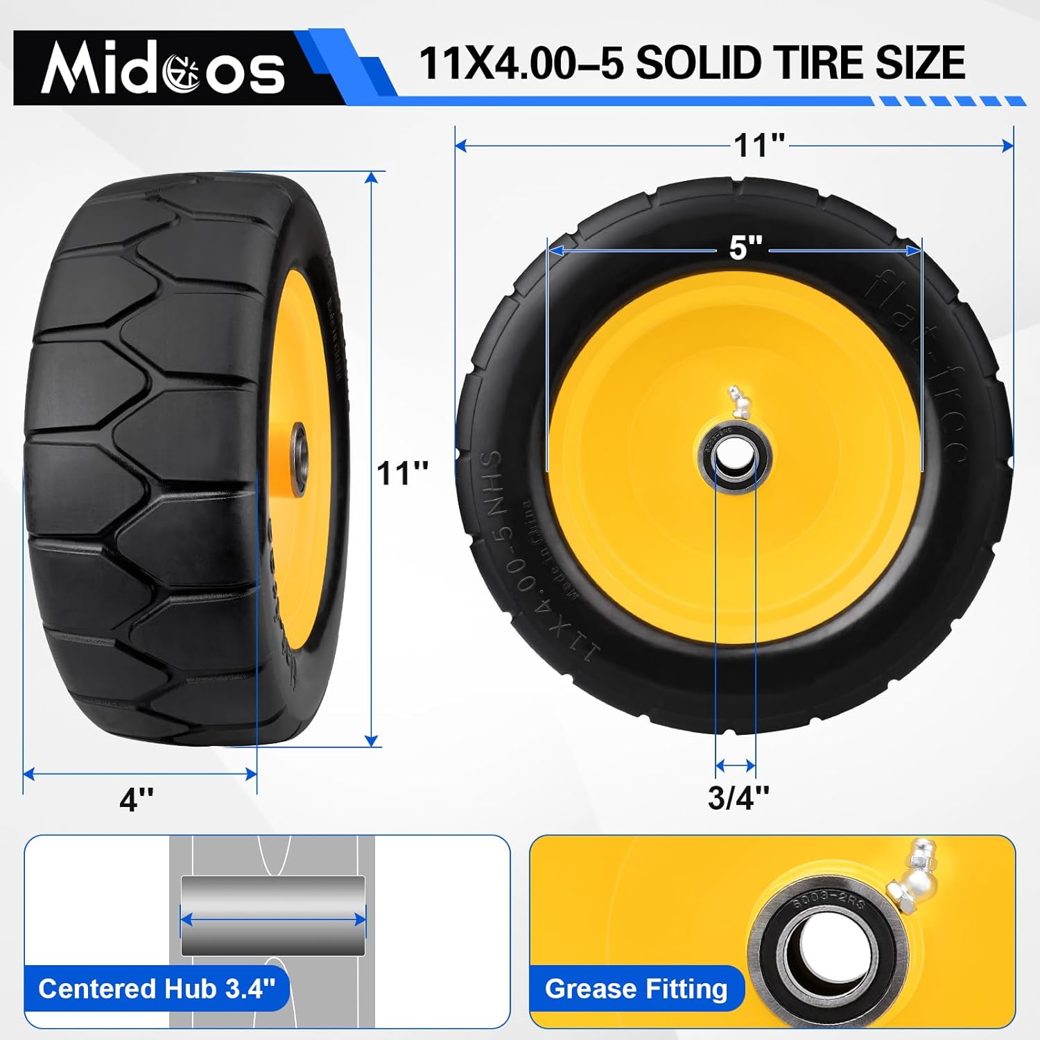 11x4.00-5'' Lawn Mower Tires Flat Free, 11x4-5 Solid Tires and Wheel, Zero Turn Mower Front Tires with 3/4" or 5/8" & 1/2" Precision bearings, 3.4"-5.6" Centered Hub for Zero-Turn Lawn Mower (2 Pack) - Image 2