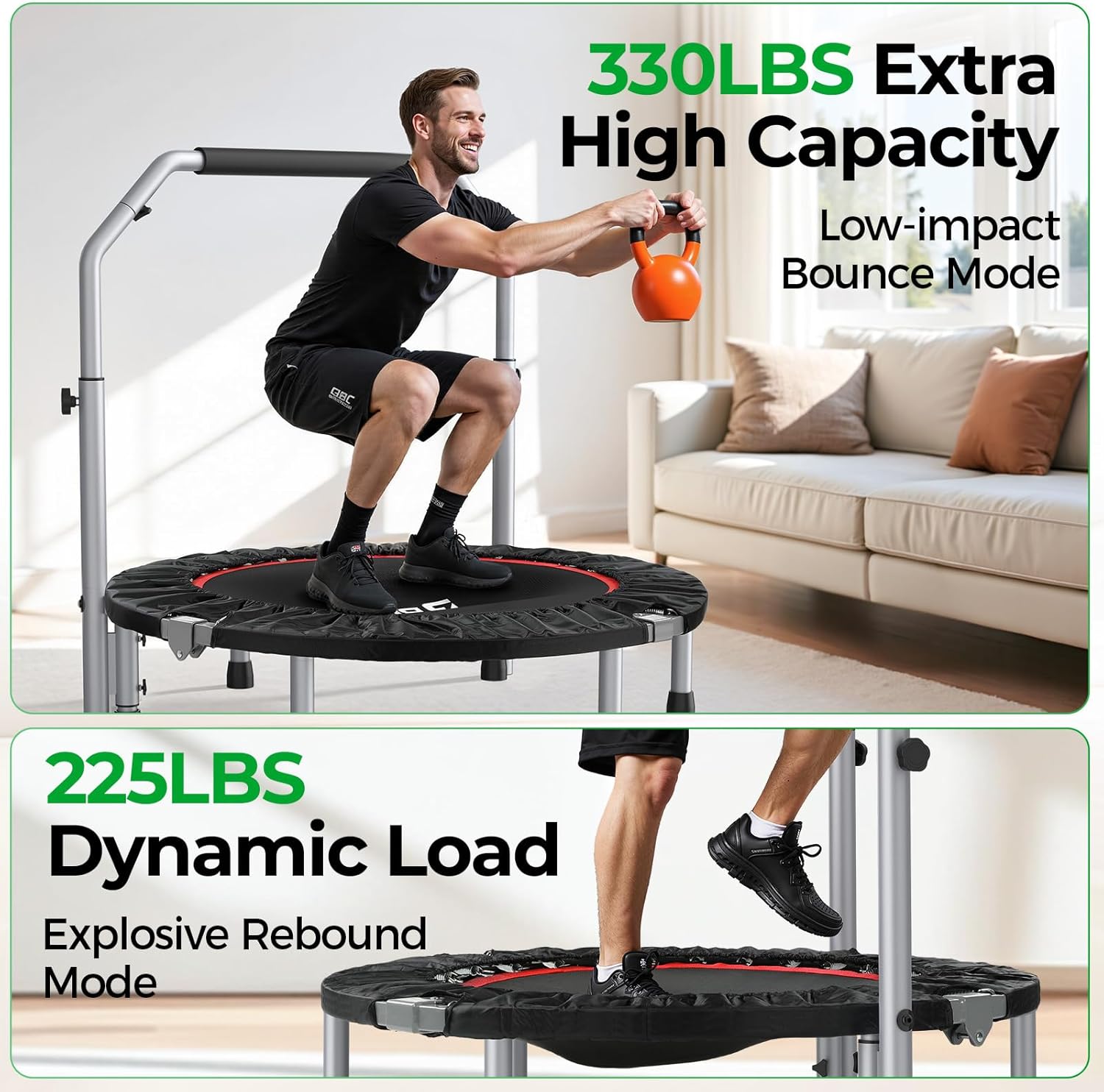 BCAN SP2 40/48" Foldable Mini Trampoline Max Load 330lbs/440lbs, Fitness Rebounder with Adjustable Foam Handle, Exercise Trampoline for Adults Indoor/Garden Workout | FED Fitness - Image 3