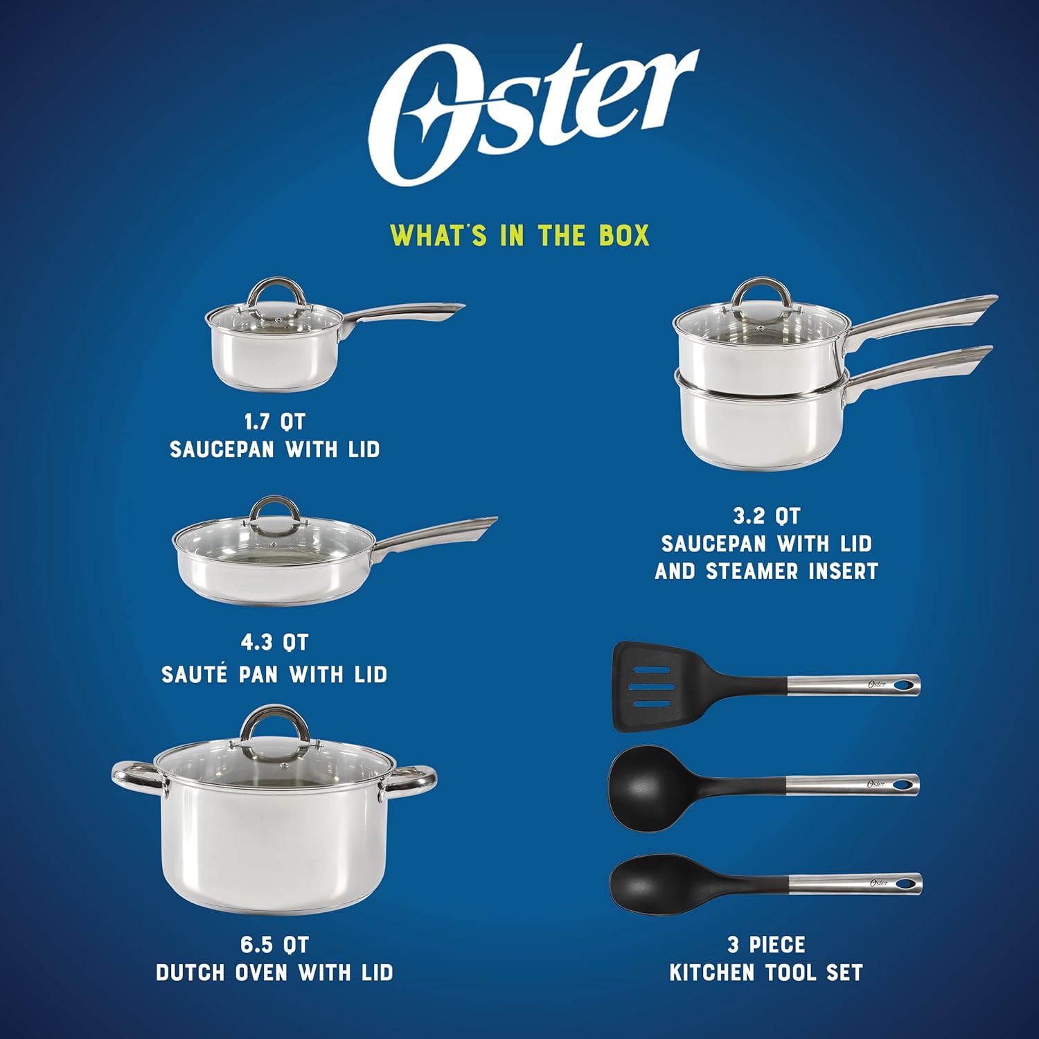Oster Sangerfield 12-Piece Stainless Steel Cookware Set With Kitchen Tools, Non-Stick Pots and Pans, Durable Oven Safe Cookware for Home Cooking - Image 2