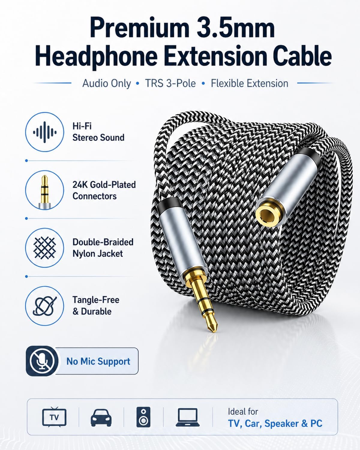 Headphone Extension Cable 10ft - Aux 3.5mm Extension Cable Male to Female, 1/8 Inch TRS Stereo Audio Jack Extender for Car, Speaker, TV, PC (Audio Only, No Mic) - Image 4