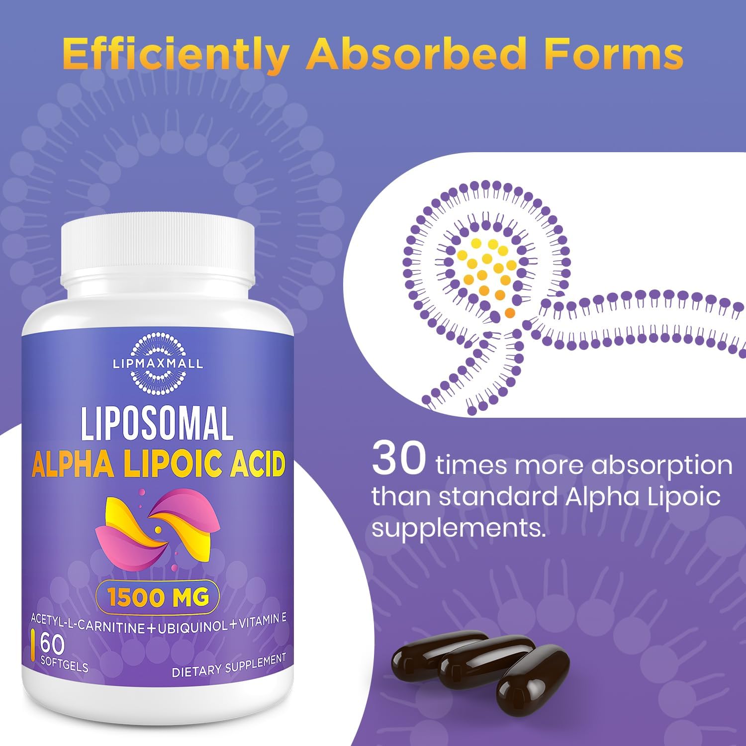 lipmaxmall Liposomal Alpha Lipoic Acid 1500mg-with Acetyl-L-Carnitine 900mg& Ubiquinol 100mg& Vitamin E 15mg,ALA Supplement for Antioxidants Glucose Metabolism Nerve Energy Cardiovascular,60 Softgels - Image 4