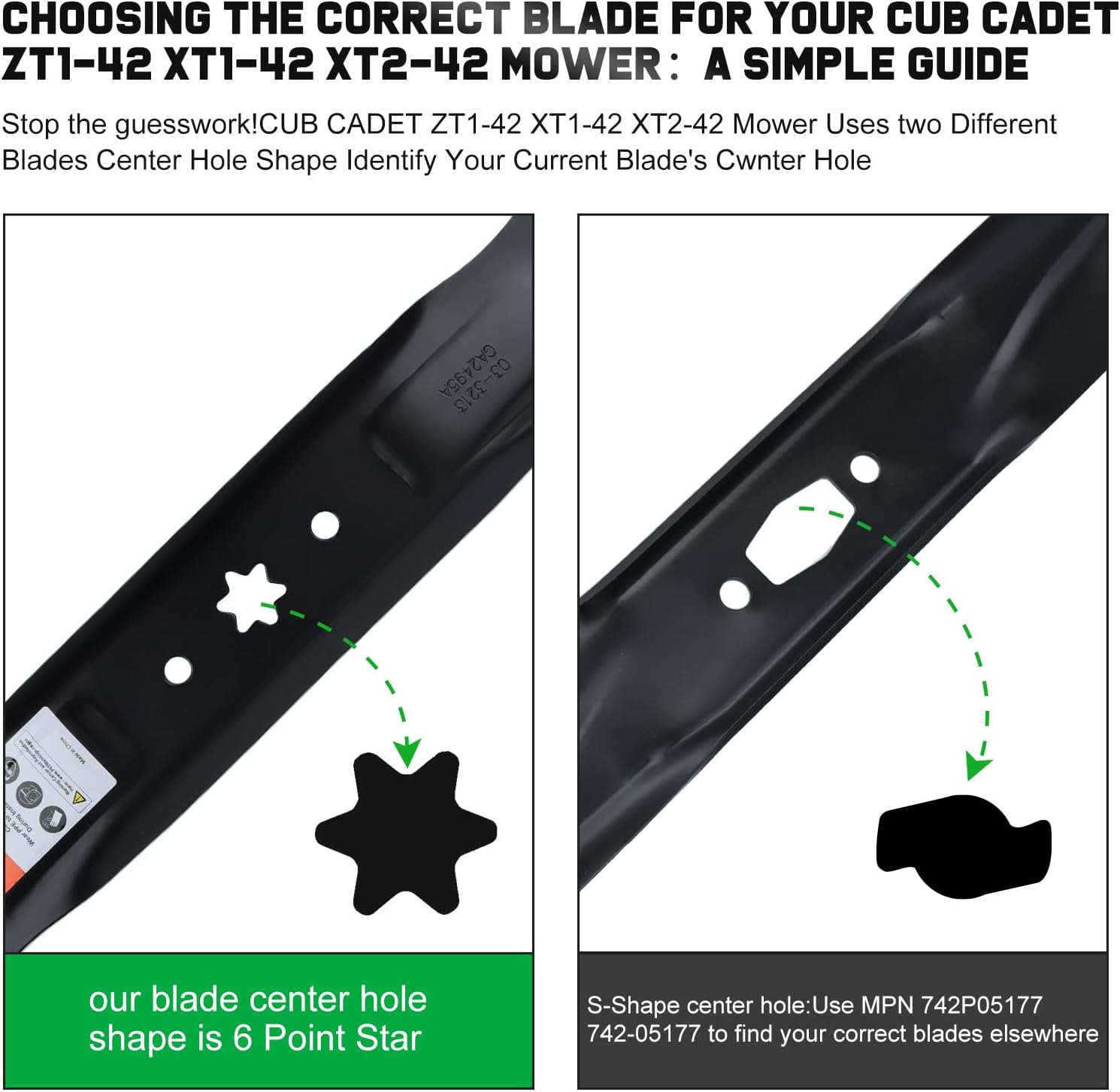 Grasscool 42 inch Mower Blades Replace Troy Bilt Cub Cadet 942-04308 for Bronco Pony Mustang XT1-42 ZT1-42 42'' Zero Turn Lawn Tractor with 6 Star Hole 942-04308A 942-04312 High Lift - Image 4