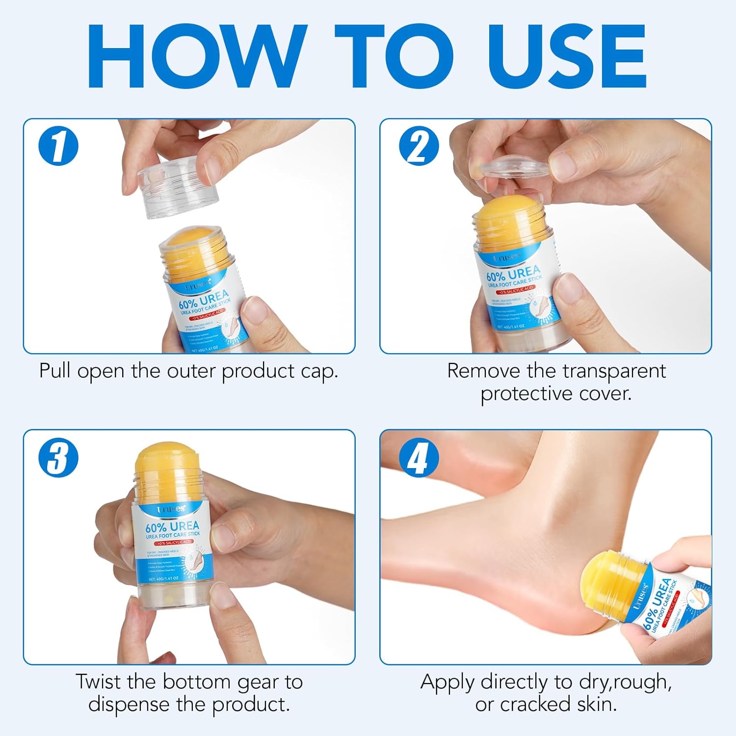 Uruses Urea Cream 60% plus Salicylic Acid 2% Urea Foot Care Stick, Foot Cream for Foot Callus Remover, Feet Moisturizer Stick for Dry Cracked Heels, Hands, Knees, Hydrating Heel Balm, Easy To Use - Image 8