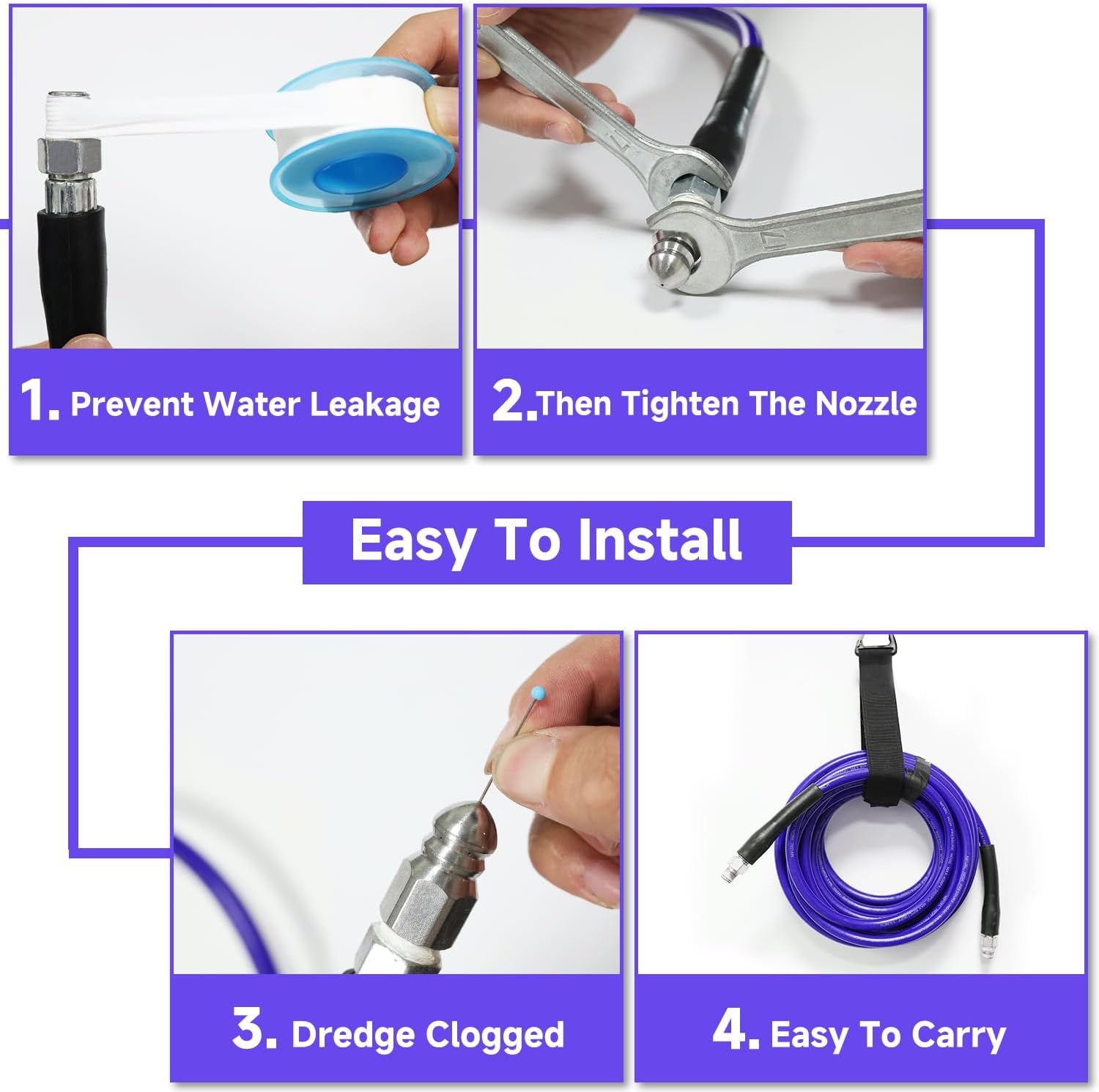 NIFUAL 150FT Sewer Jetter Kit for Pressure Washer, 5800PSI Drain Cleaner Hose 1/4 Inch NPT Corner, Rotating and Button Hose Sewer Jetting Nozzle Waterproof Tape Pearl Corsage Pin Spanner Glove - Image 3