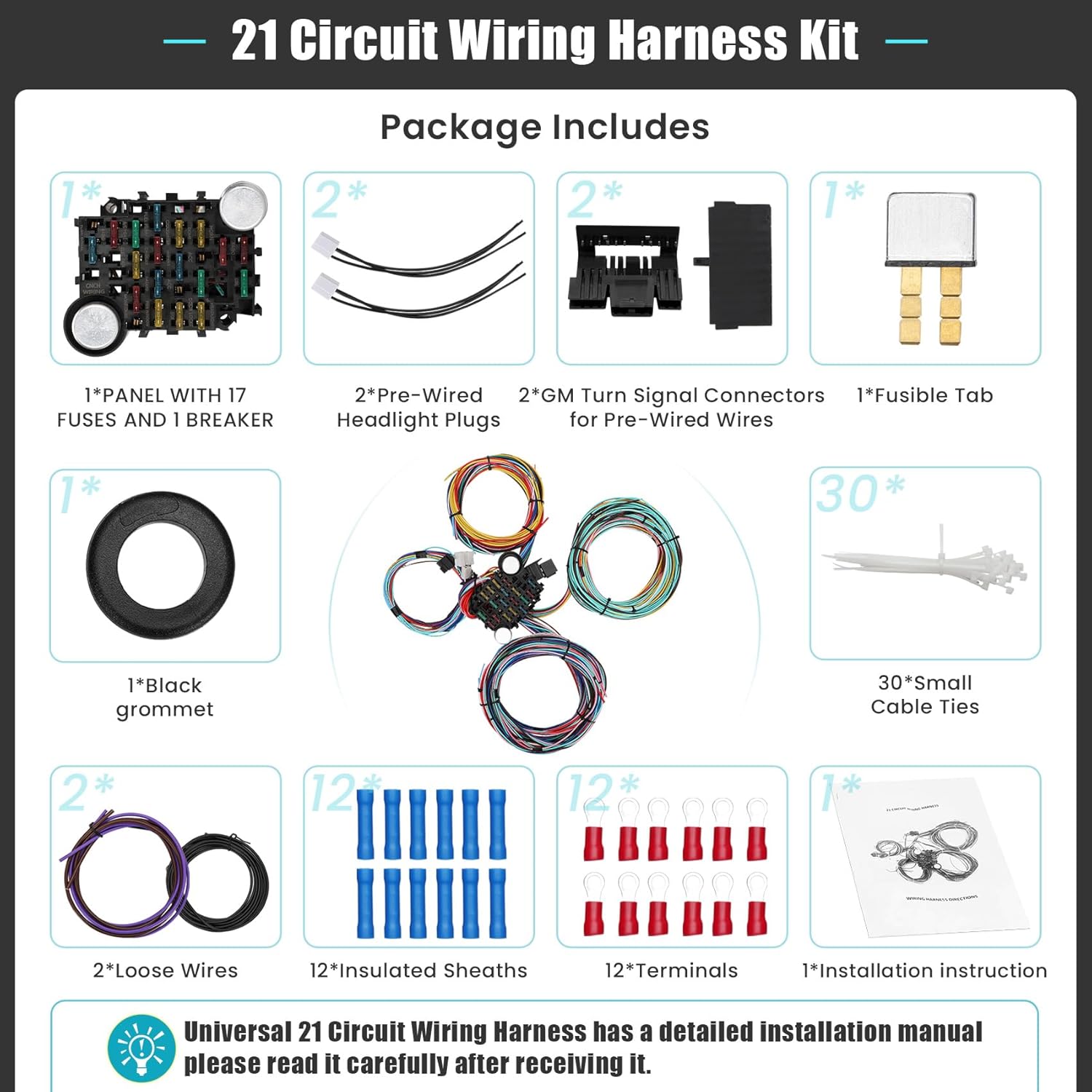 Universal 21 Circuit Wiring Harness Kit, Universal Extra Long Wire 21 Circuit Wiring Harness Standard Color 17 Fuses for GM Chevy Chrysler Dodge Ford Hotrods Plymouth Mopar Mercury Ratrods - Image 7