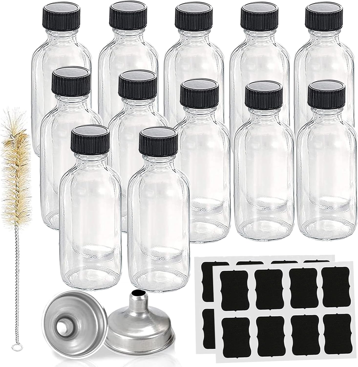 12pack 4oz Glass Bottles With Caps,Wellness Shot Jar Sample Bottles for Bourbon Whiskey,liquor,Potion,Oils,Vanilla Extract,Tincture,Hot Sauce,Syrup,Juice,with Funnels,Labels,Brush,No Leakag
