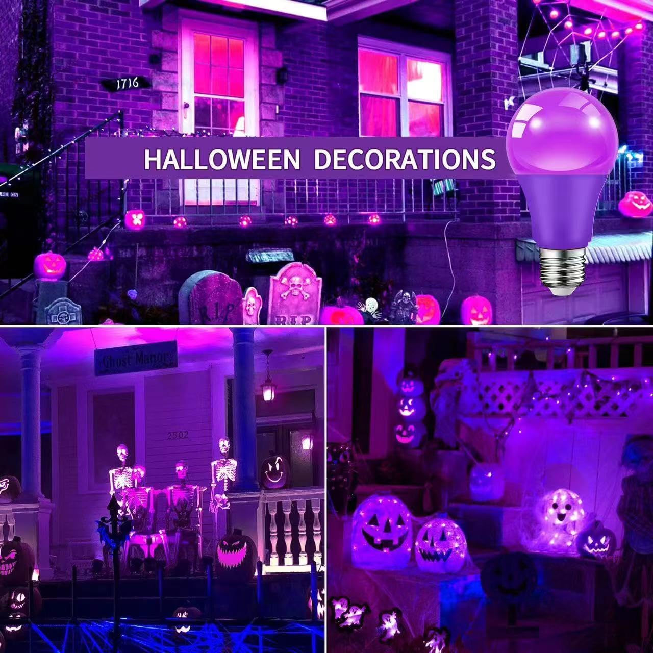 JAHEKS Purple Light Bulbs for Outdoor Porch, 9W(60W Equivalent) E26 Base LED Purple Bulb for Halloween Christmas Wedding,Party,Bar,Holiday Lighting,Home Decor, 2-Pack - Image 5