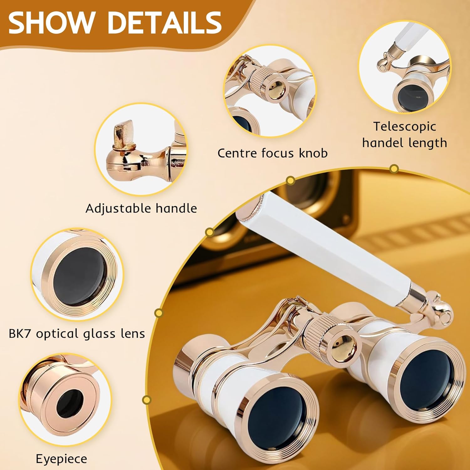 Opera Glasses Binoculars,3X25 Theater Binoculars with Foldable Handle for Adults Kids Women,Small Portable Opera Glasses for Theater and Concert Viewing (White with Handle) - Image 3