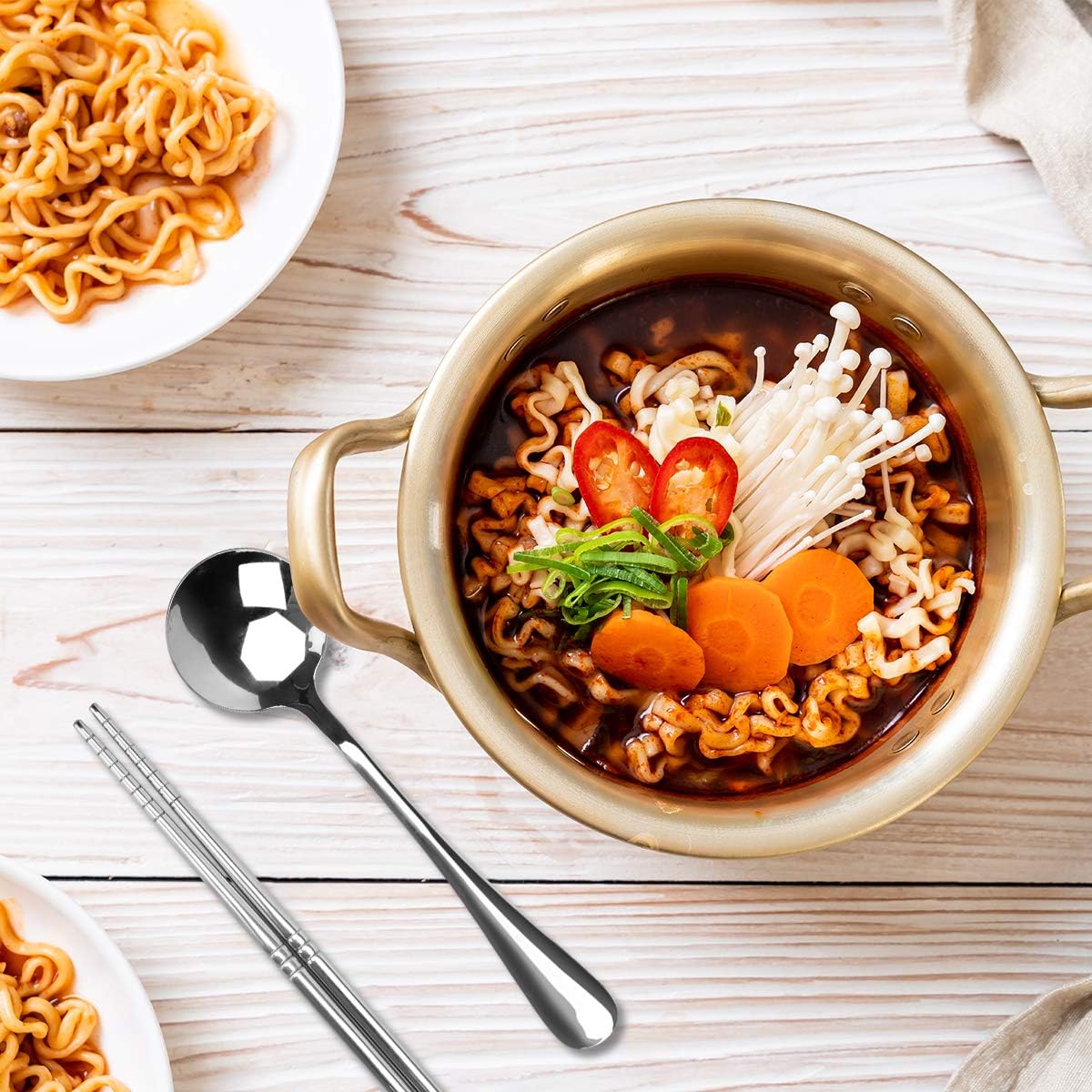 Korean Ramen Cooking Pot, AHIER Korean Ramen Noodle Pot With Lid, Spoon and Chopsticks (1pair), Fast Heating for Kitchen Cookware (Double handle) (6.3in) - Image 7