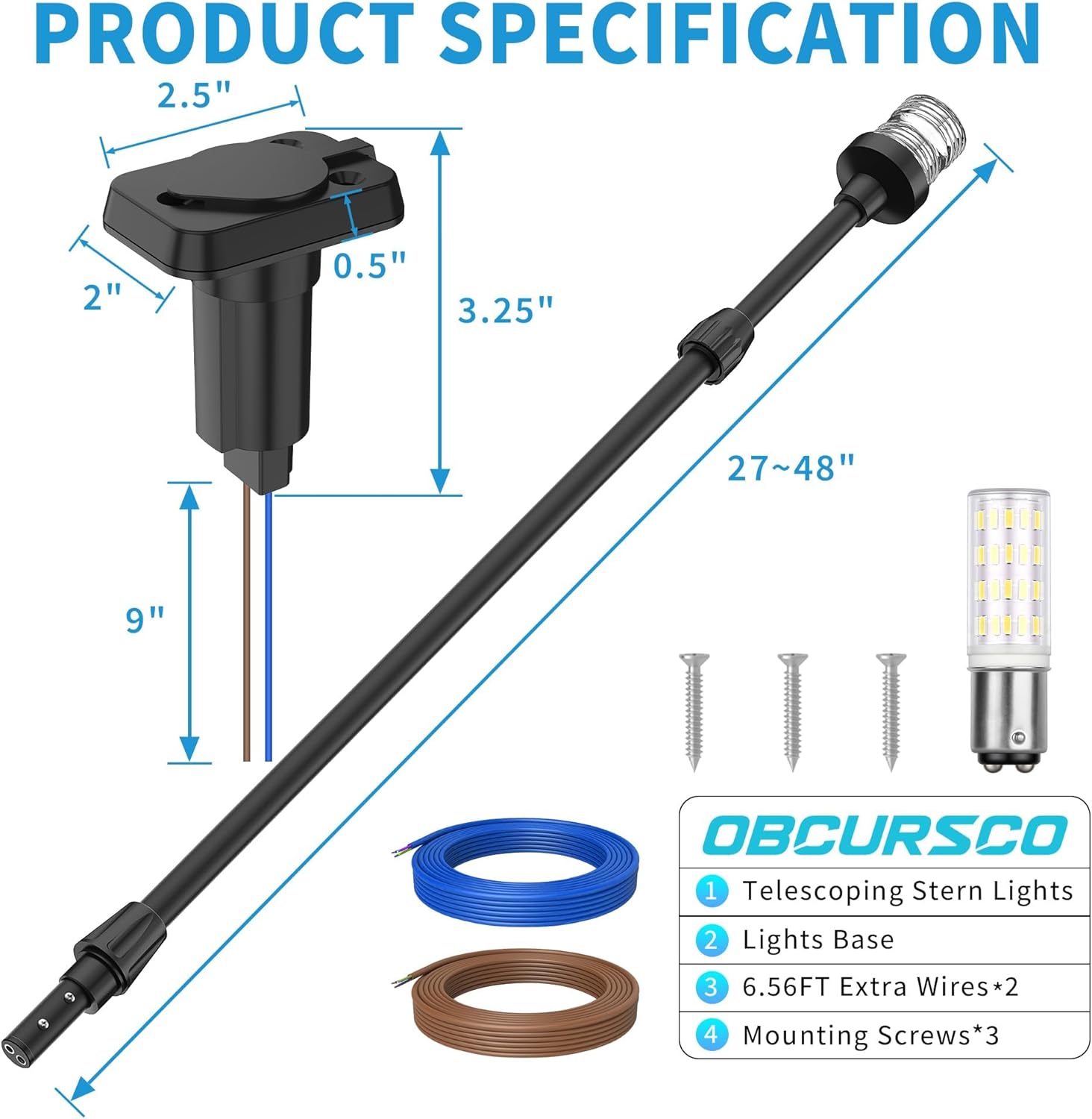 Obcursco Boat Stern Lights, Telescoping Pole 27"-48" LED Anchor Light with Base, 12V Adjustable 3NM 360° Navigation Lighting for Pontoon, Yacht, Bass, and Fishing Boats (27"-48", Black) - Image 9