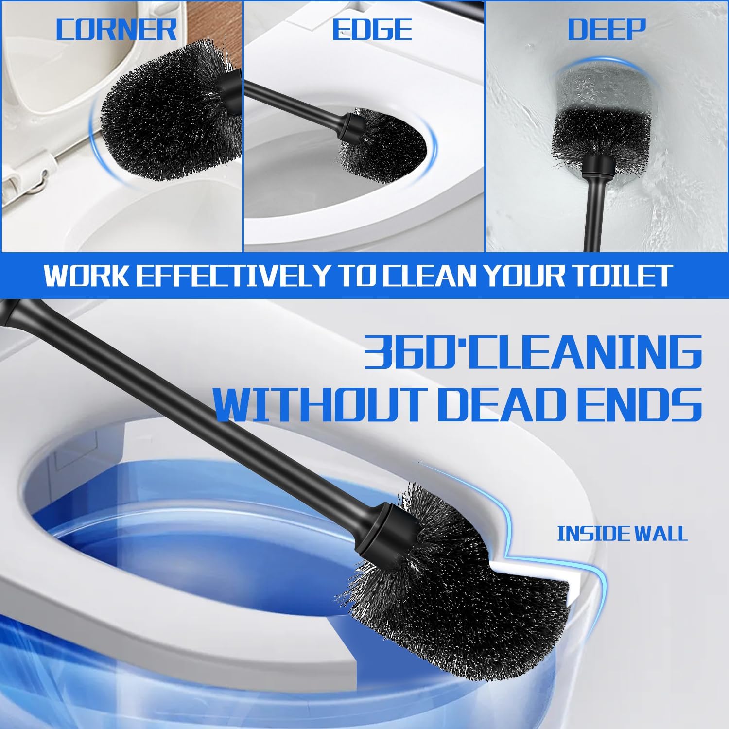 AONEZ Toilet Brush and Holder Set, 2 Pack Long-Handle Toilet Brush, Non-Slip Grip, Nylon Bristles, Deep Cleaning for Bathroom, Toilet Scrubber- Black - Image 2