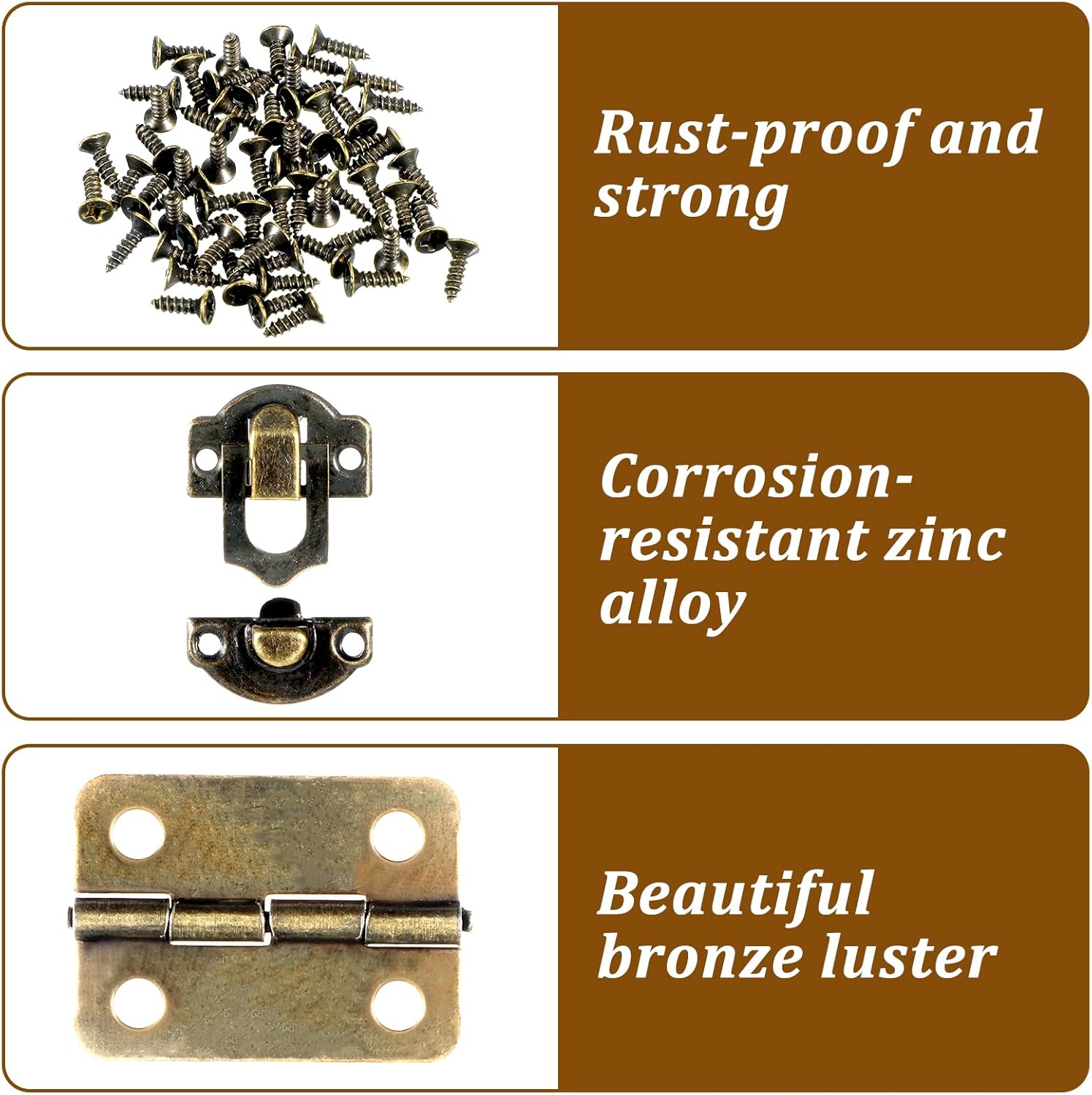 Antique Wooden Box Hinges and Latches with Matching Screws Retro Small Hinge Buckle Latch and Vintage Bronze Engraved Hinge for Decorative Cabinet Jewelry Box (2X Hasp Catch + 4X Hinges) - Image 6
